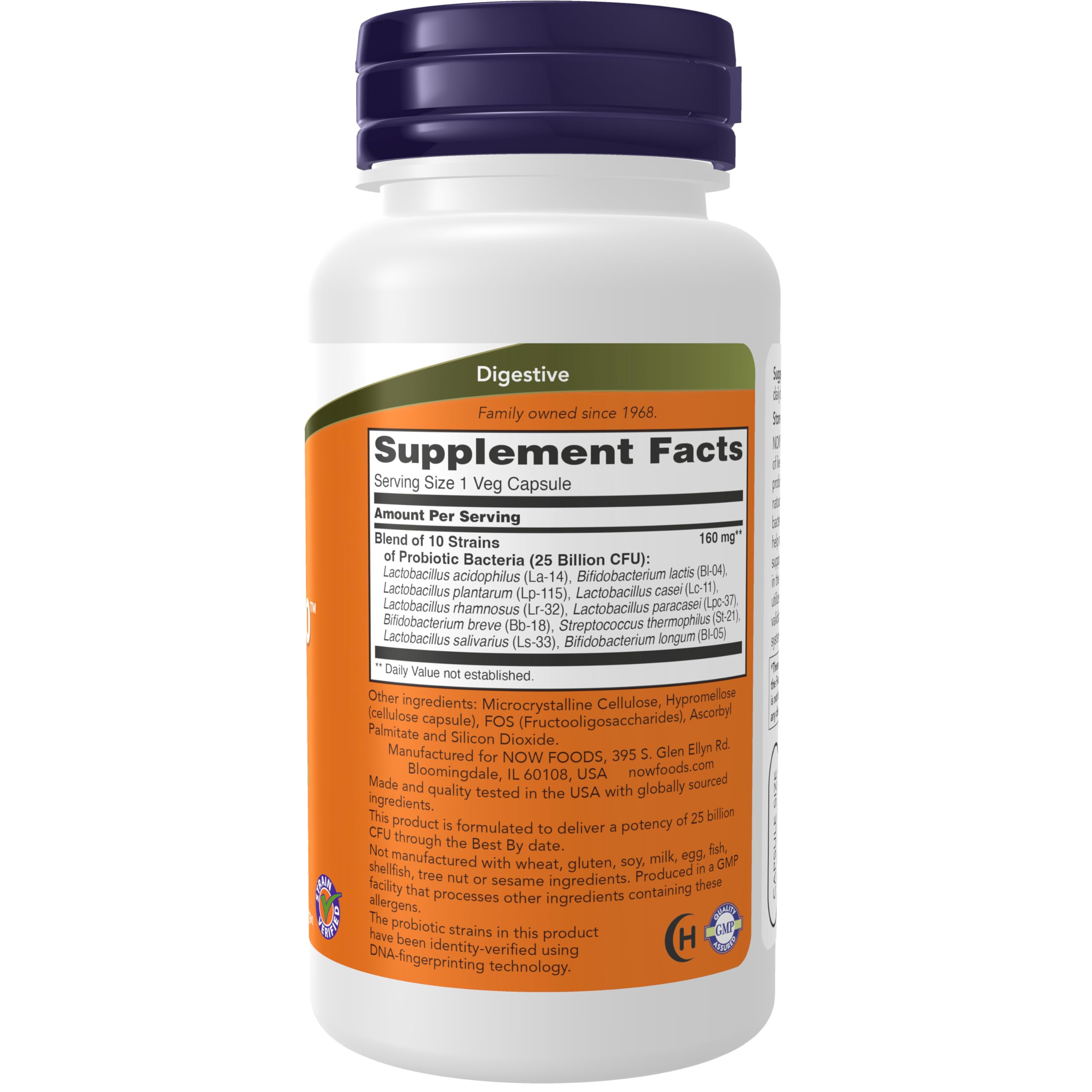 NOW Foods Probiotic-10 capsules-closeup highlights 10 strains for gut support