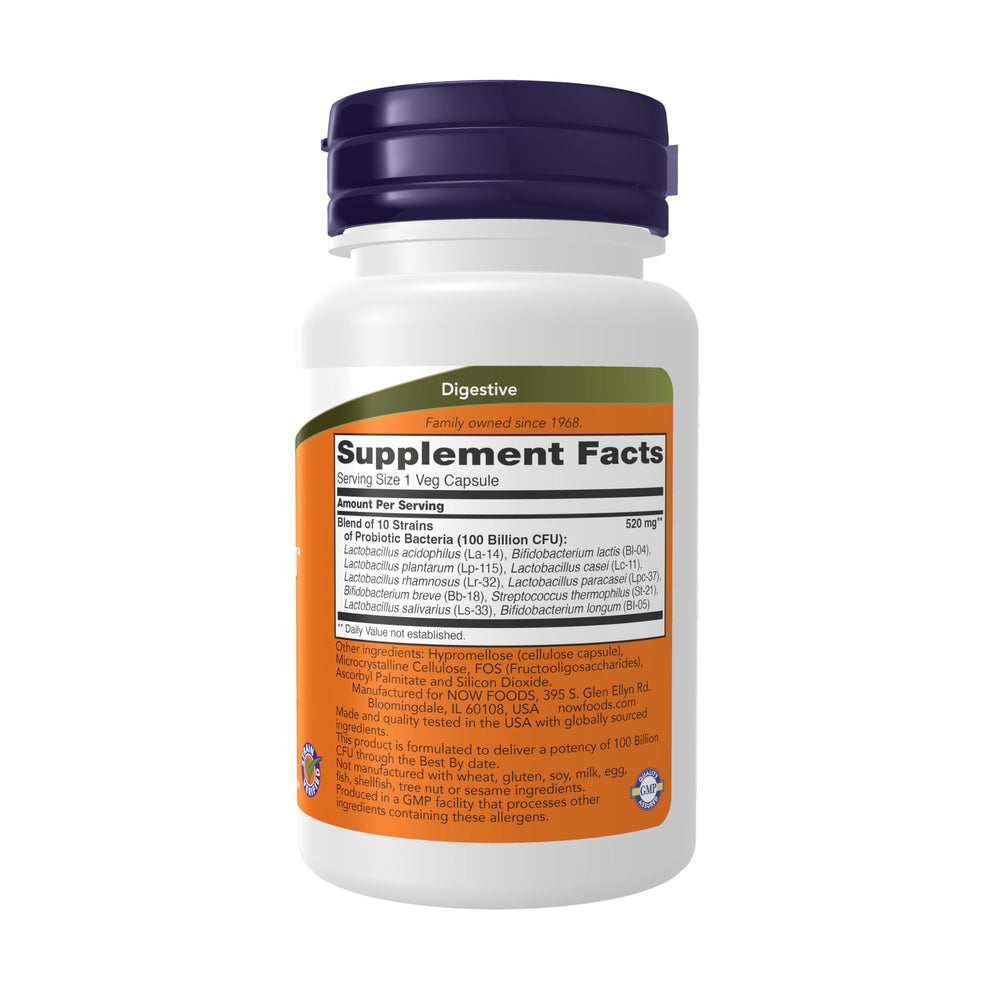 NOW Foods Probiotic-10 capsules close-up for easy daily use and intake