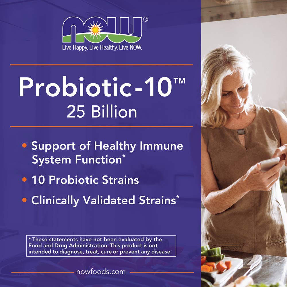 NOW Foods Probiotic-10 icons indicate dairy-free option.
