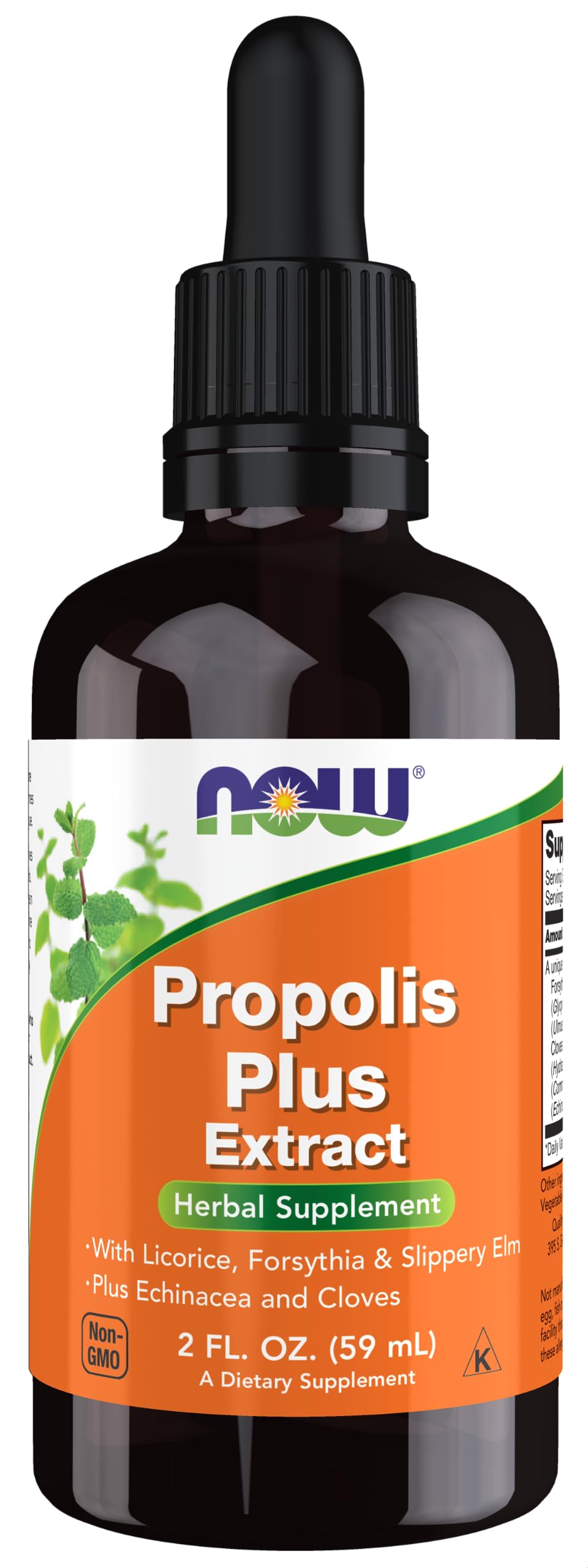 NOW Foods Propolis Plus bottle with dropper, easy dosing in water.
