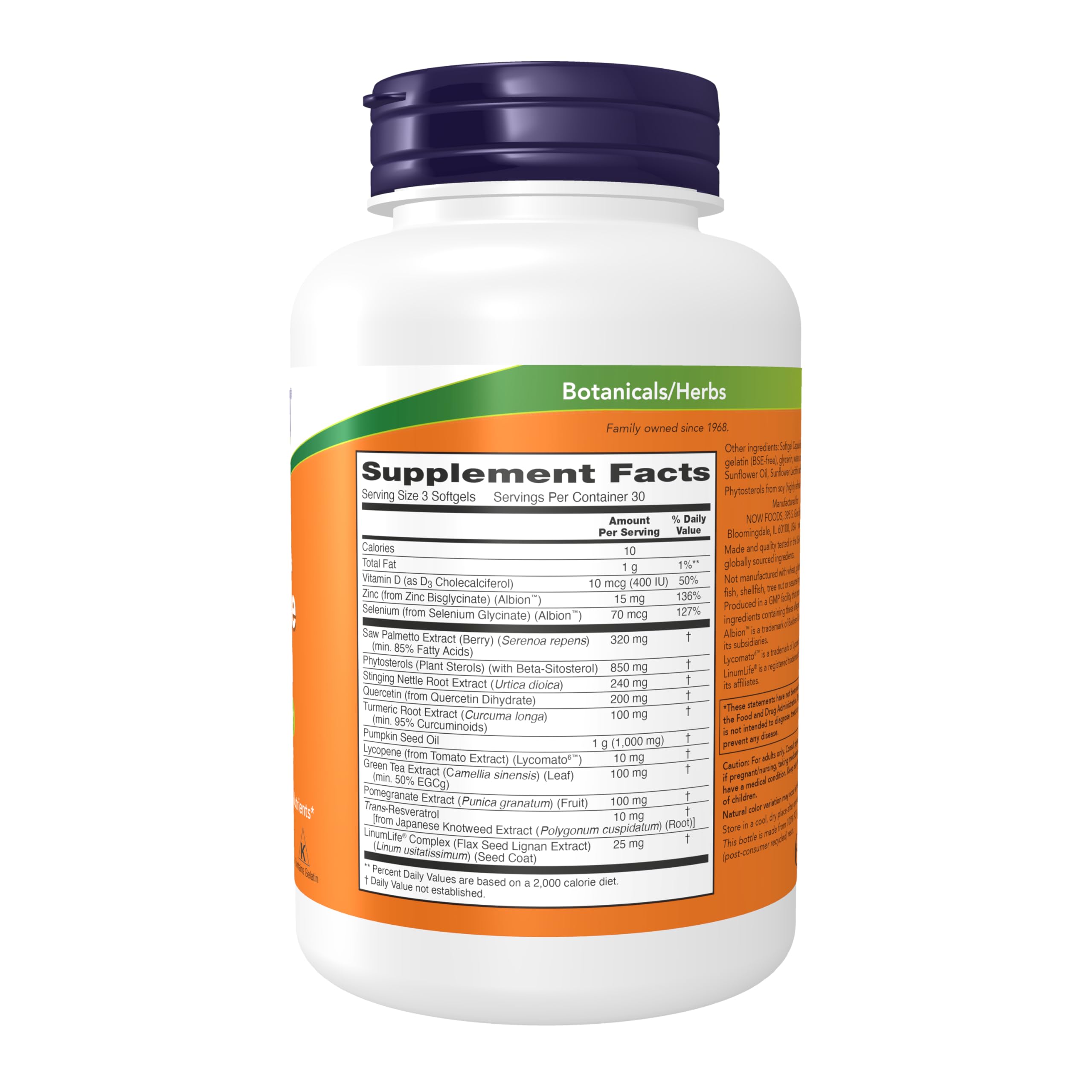 NOW Foods Prostate Health softgels closeup shows easy daily capsules.