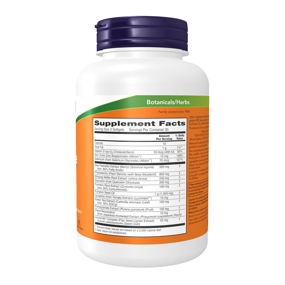 NOW Foods Prostate Health softgels closeup shows easy daily capsules.