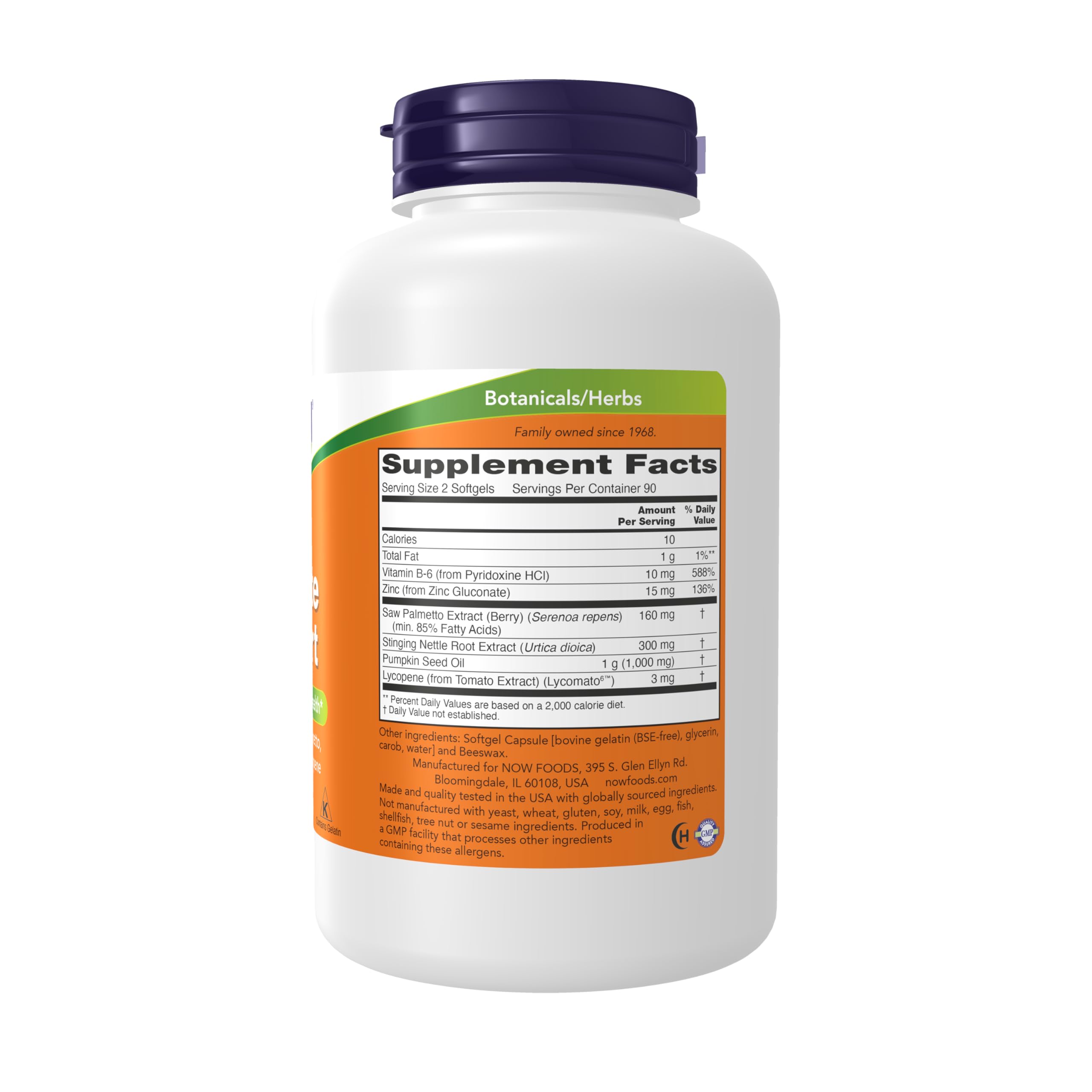 NOW Foods Prostate Support softgels closeup; easy-to-swallow capsules for daily use.