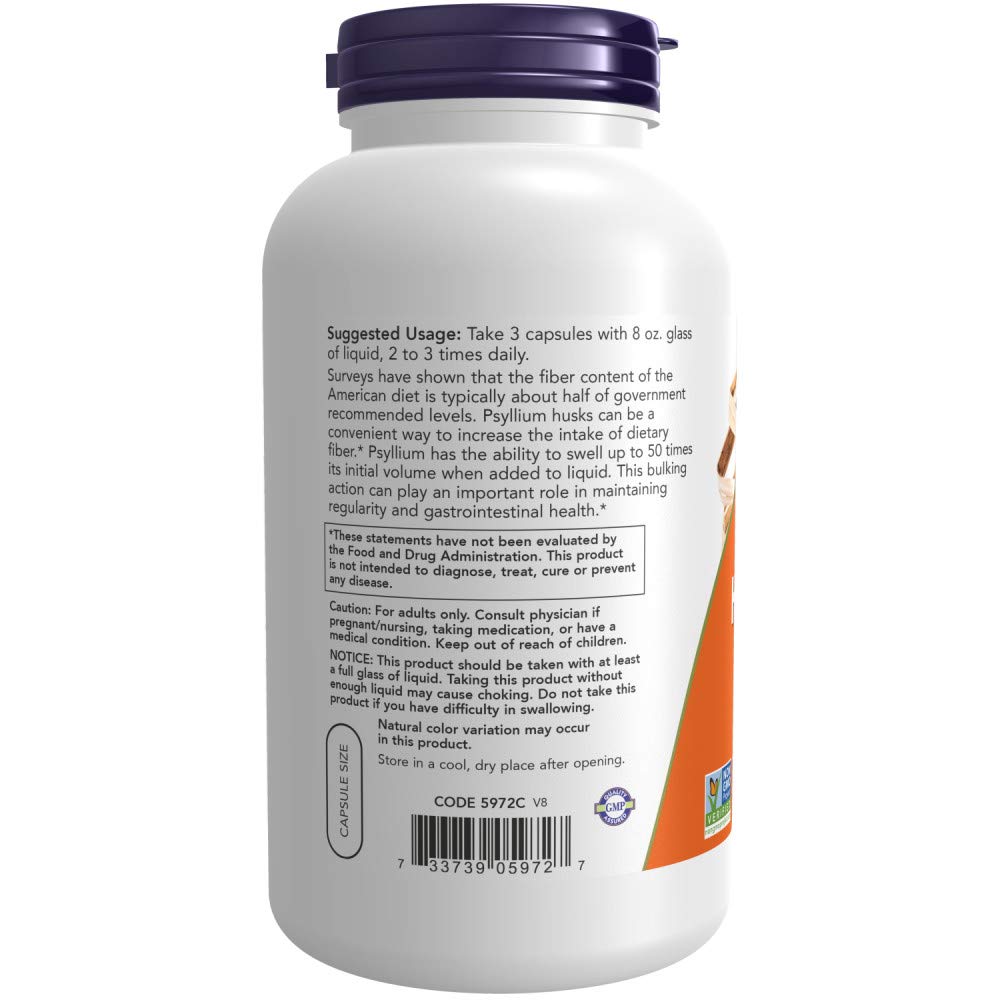 NOW Foods Psyllium Husk bottle being poured into a glass for mixing