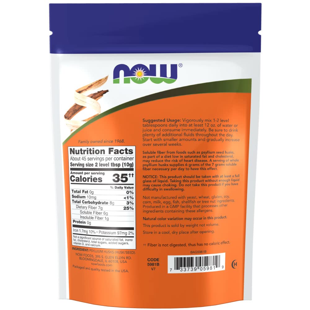 NOW Foods Psyllium Husks Whole spoon-measure indicates easy fiber supplementation.