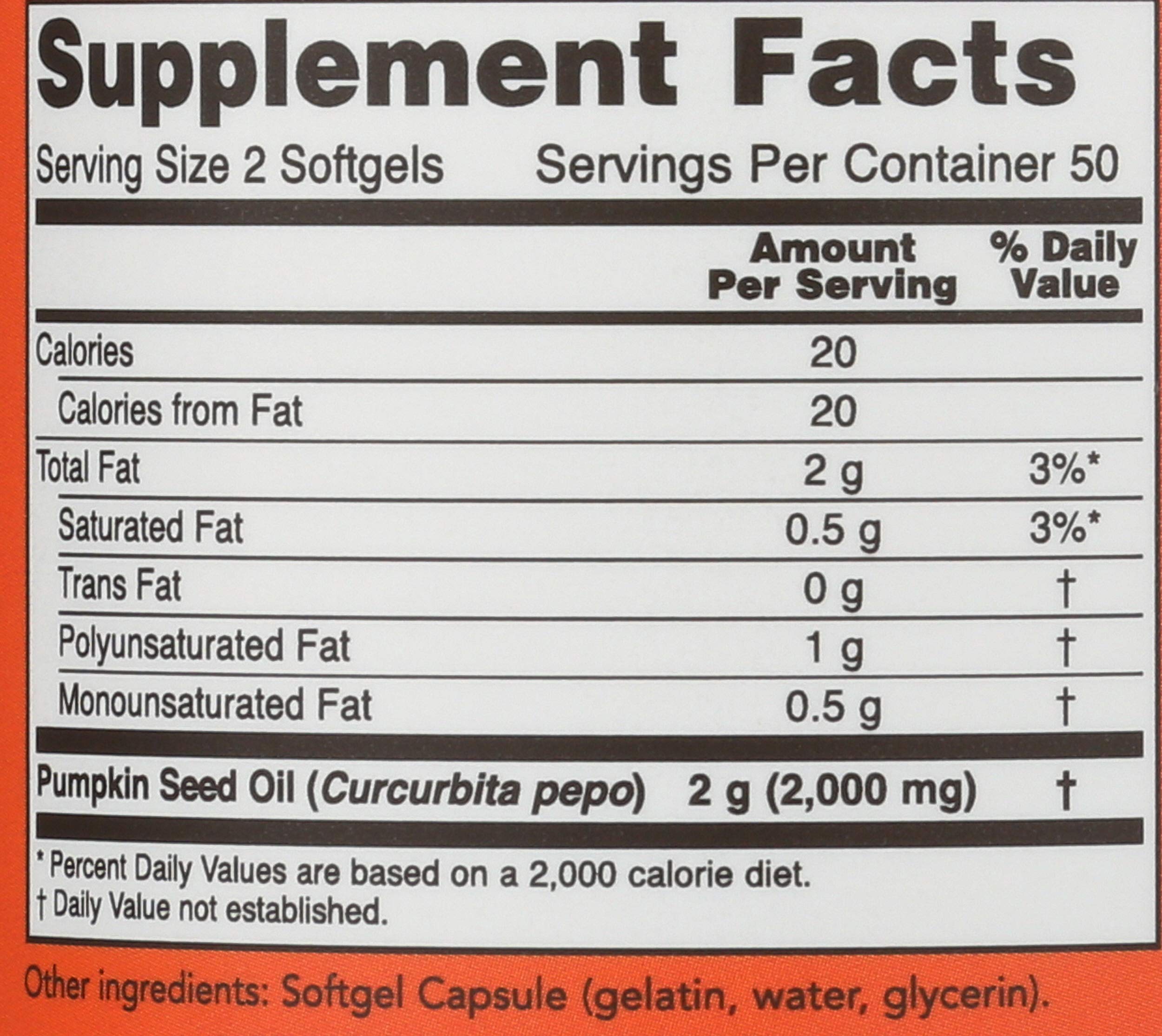 NOW Foods pumpkin seed oil bottle label showing non-GMO and whole-food origins