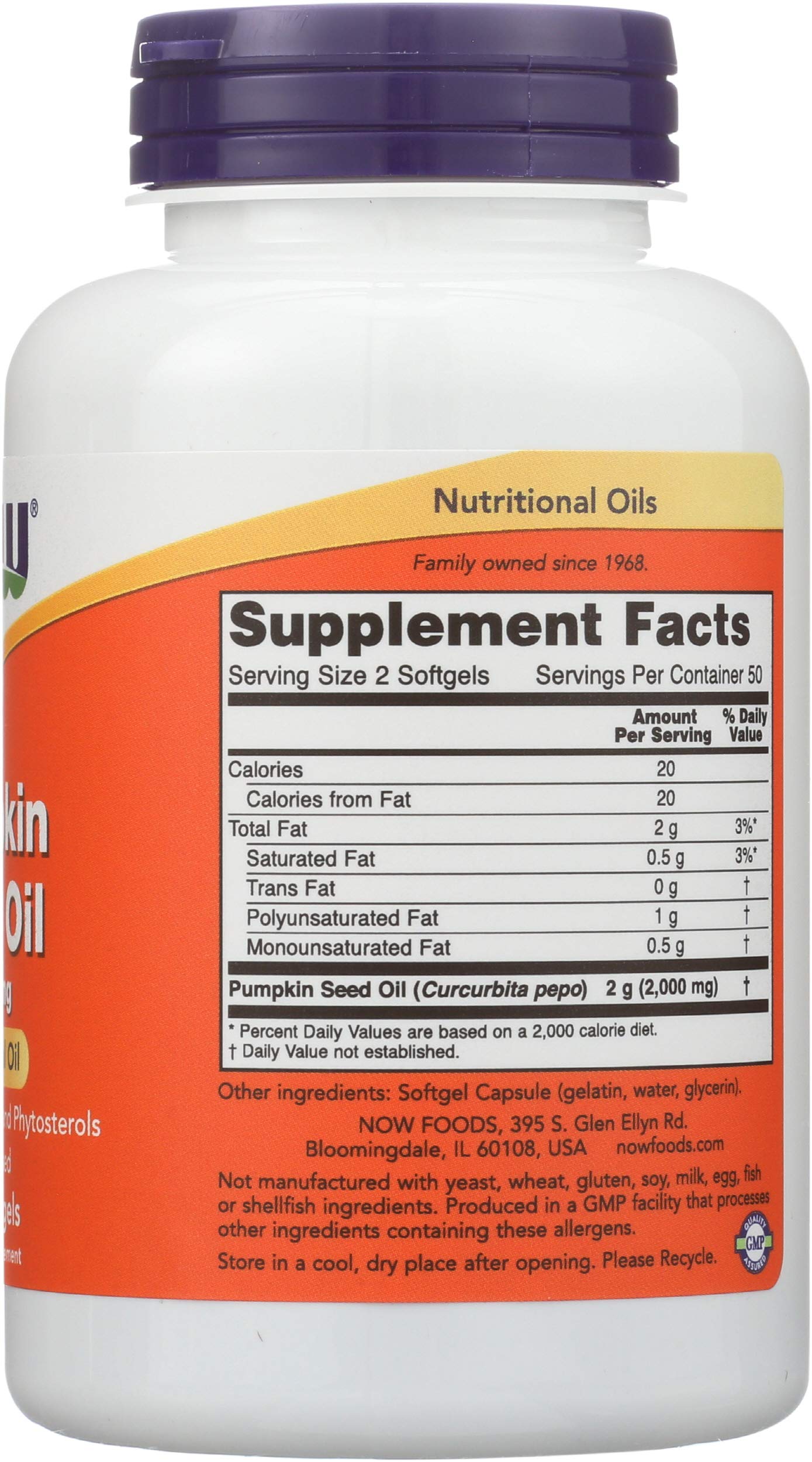 NOW Foods pumpkin seed oil ingredients image emphasizing expeller-pressed seeds