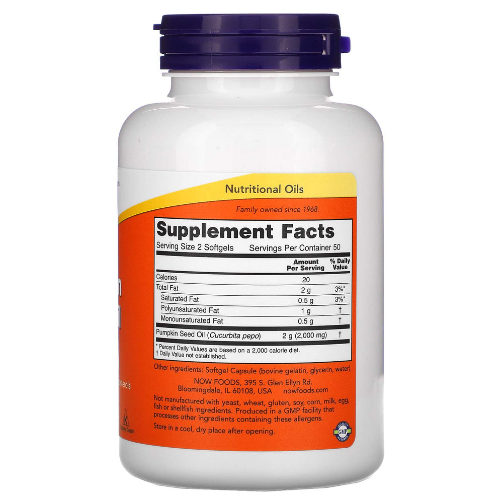 NOW Foods pumpkin seed oil softgels packaging label close-up