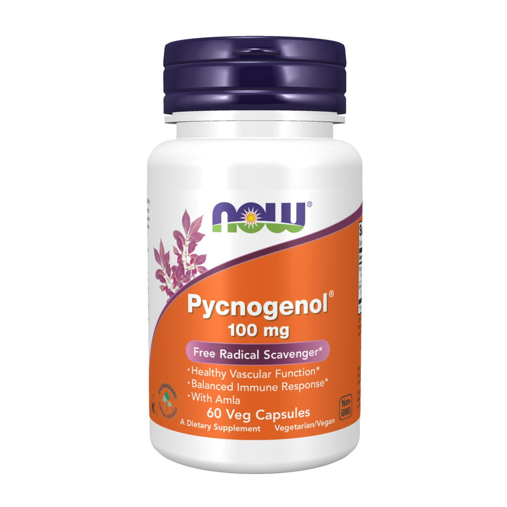 NOW Foods Pycnogenol 100 mg with Amla bottle showcases antioxidant support imagery.