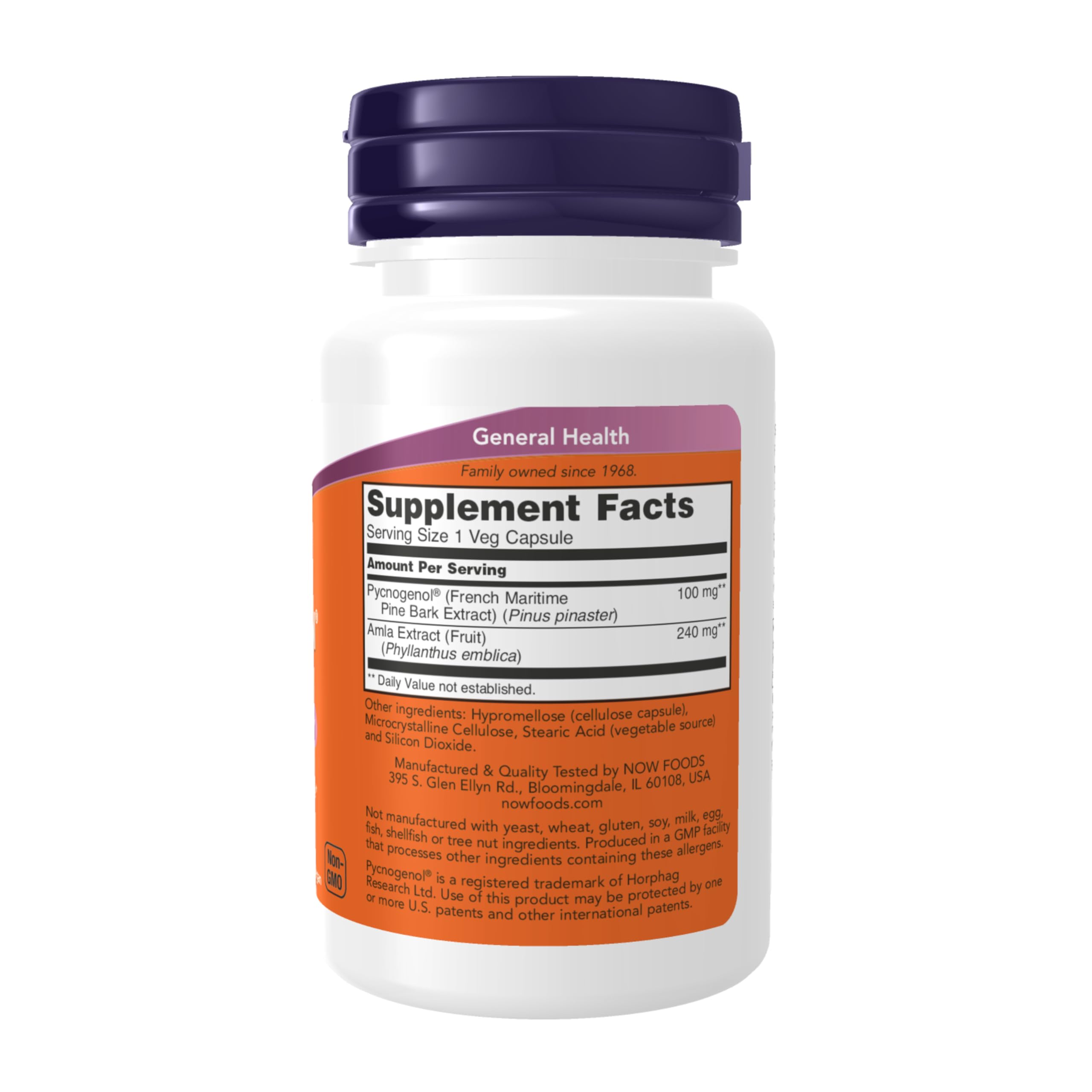 NOW Foods Pycnogenol 100 mg capsules close-up highlights immune-friendly supplement form.