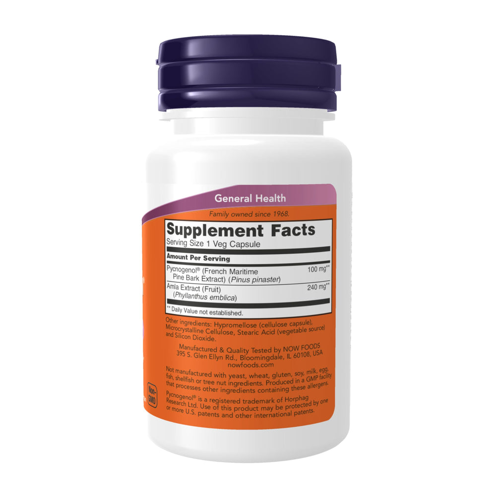 NOW Foods Pycnogenol 100 mg capsules close-up highlights immune-friendly supplement form.
