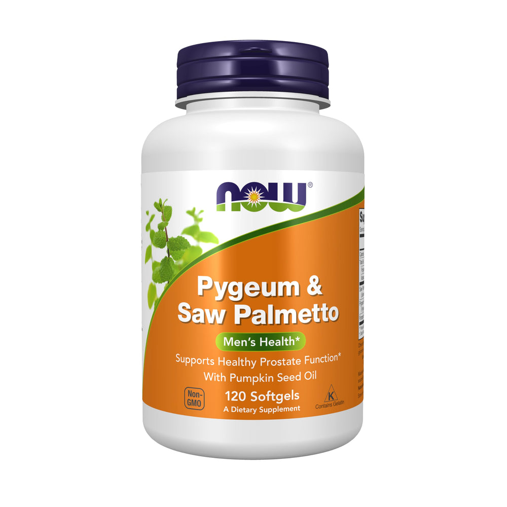 NOW Foods Pygeum & Saw Palmetto bottle shows pumpkin seed oil base for men's health