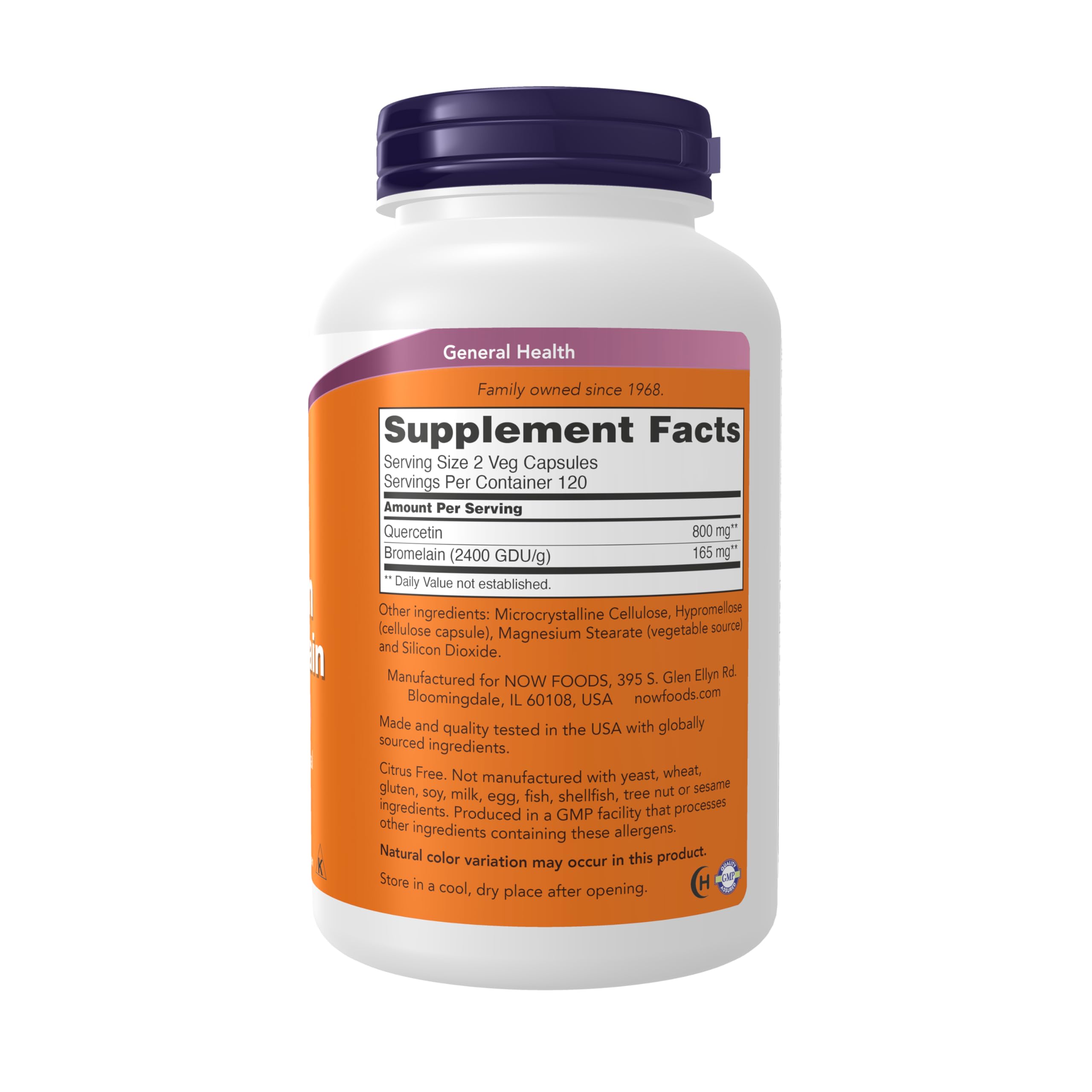 NOW Foods Quercetin with Bromelain label close-up showing ingredients.