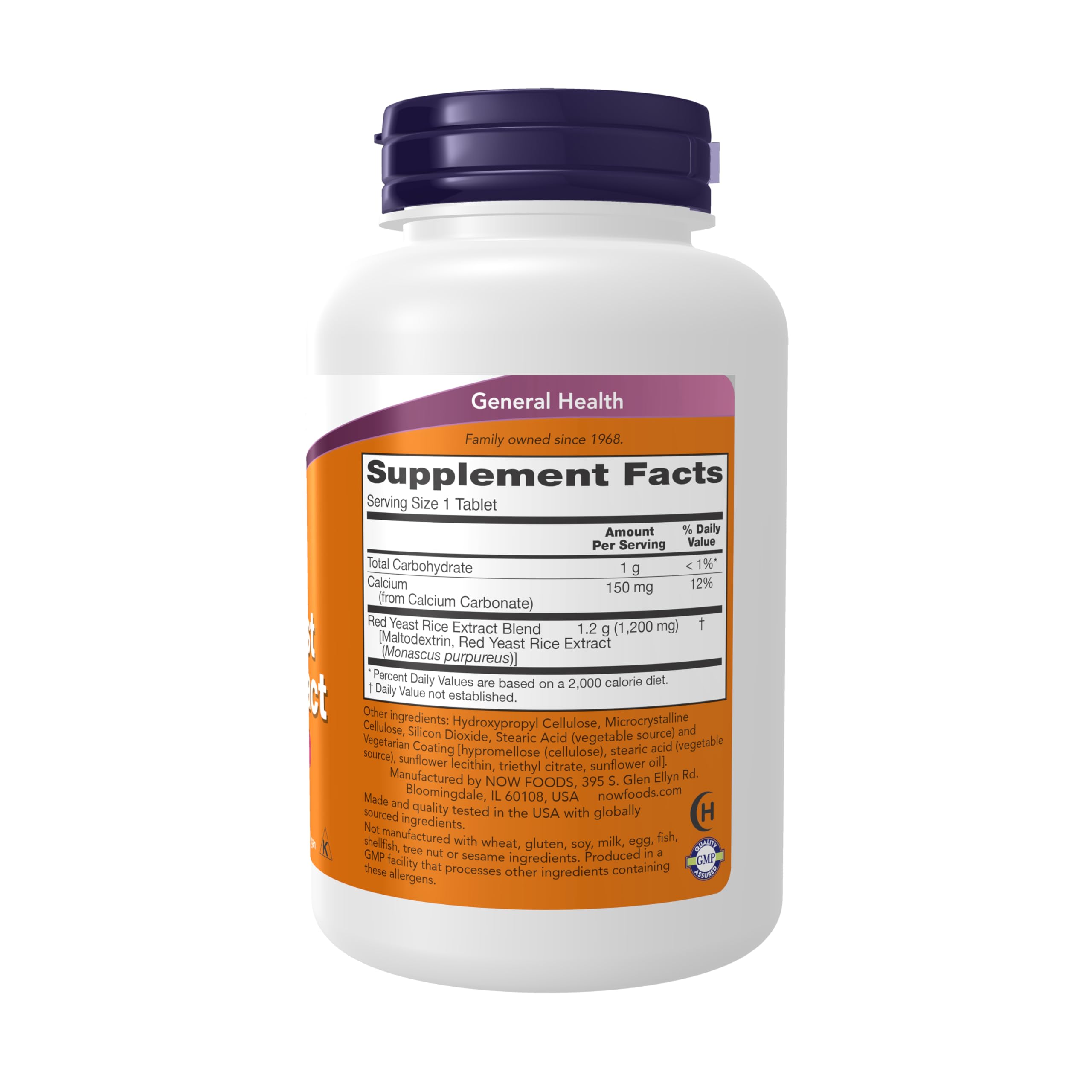 NOW Foods Red Yeast Rice label close-up showing quality and sourcing.