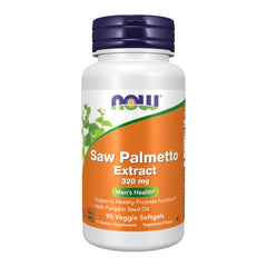 NOW Foods Saw Palmetto Extract 320 mg bottle closeup supports prostate wellness