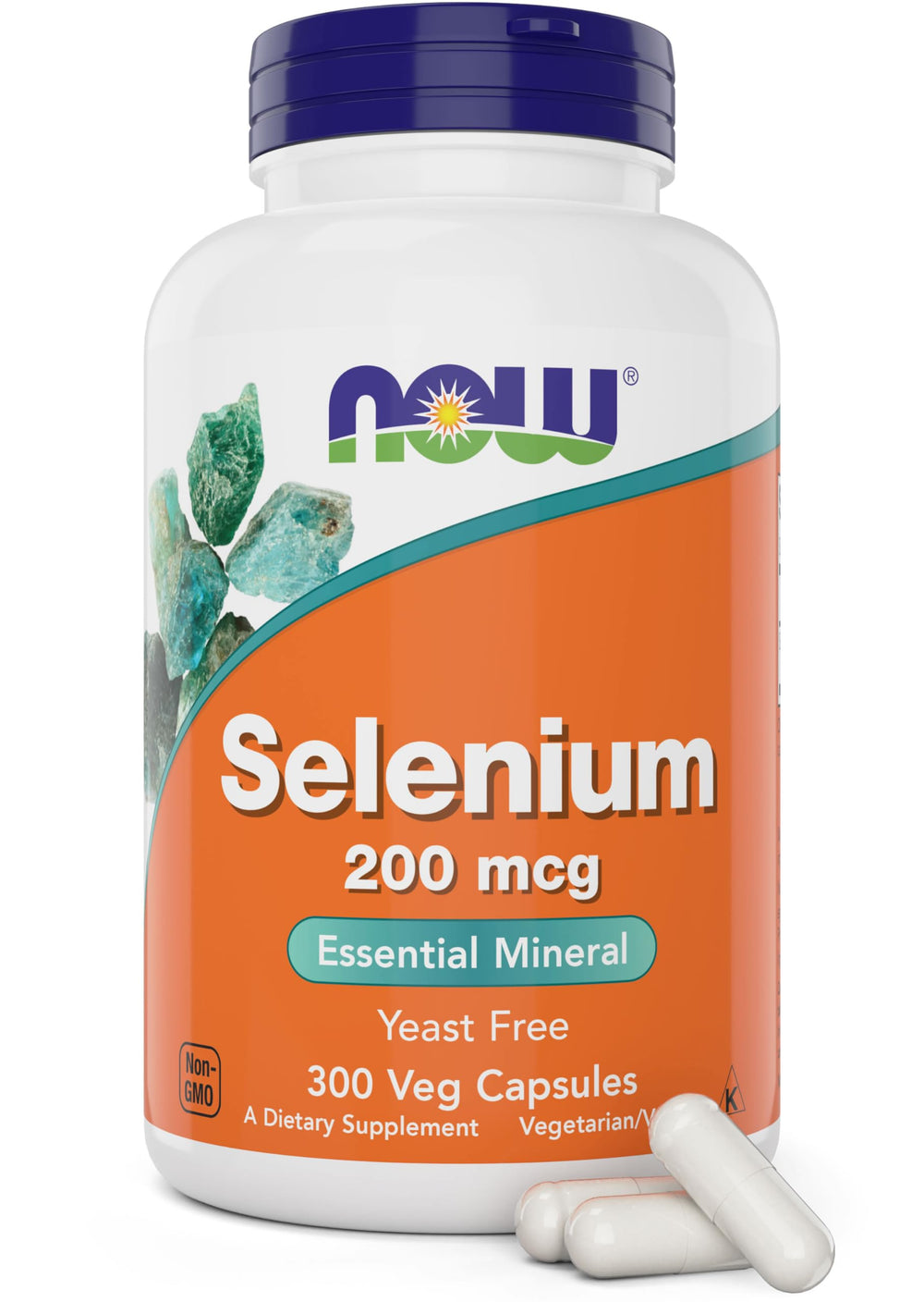 NOW Foods Selenium 200mcg capsules bottle with label, vegan-friendly and non-GMO.