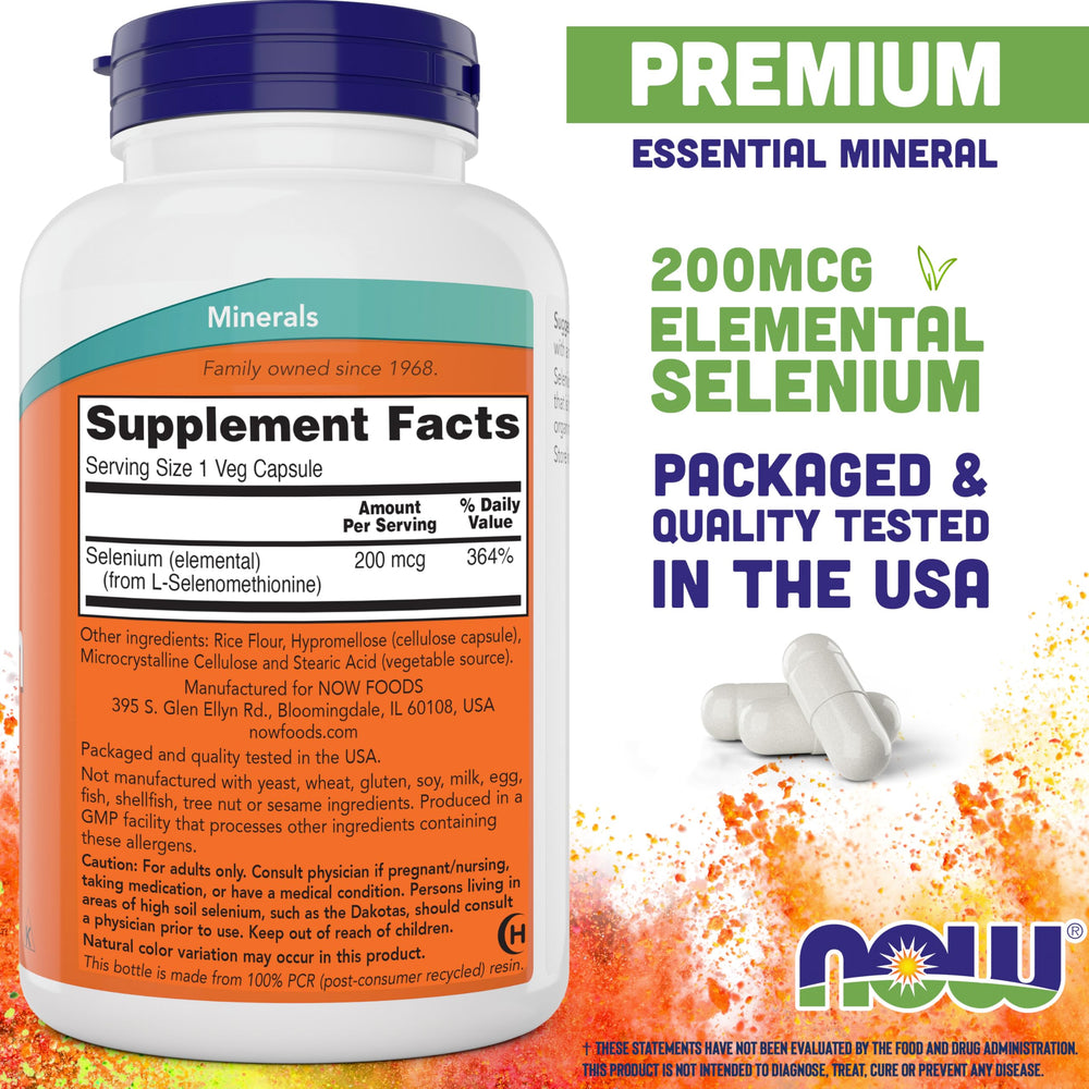 NOW Foods Selenium capsules label close-up highlighting daily dosing and L-selenomethionine.