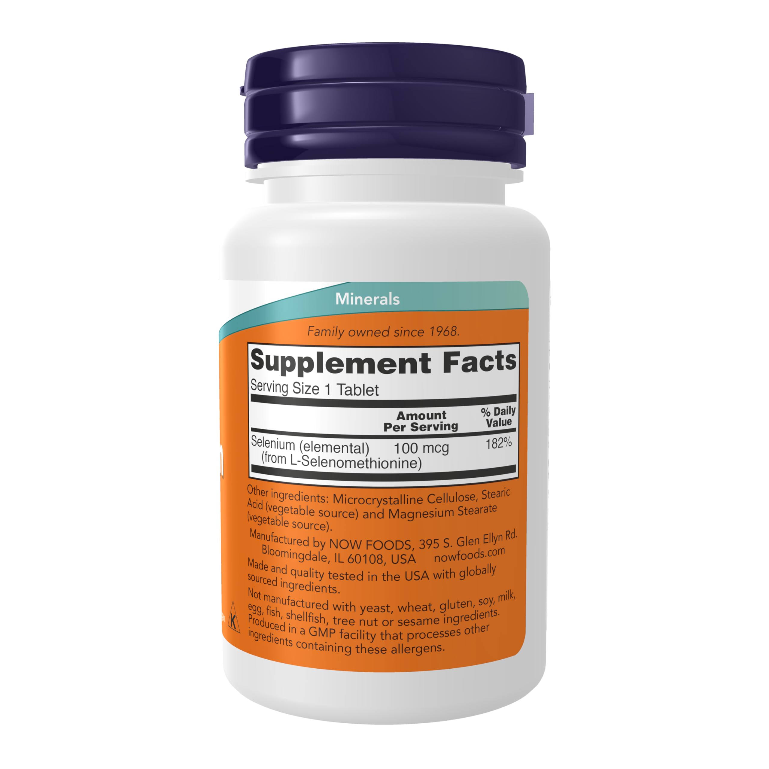 NOW Foods Selenium tablet close-up shows easy-to-swallow, yeast-free supplement