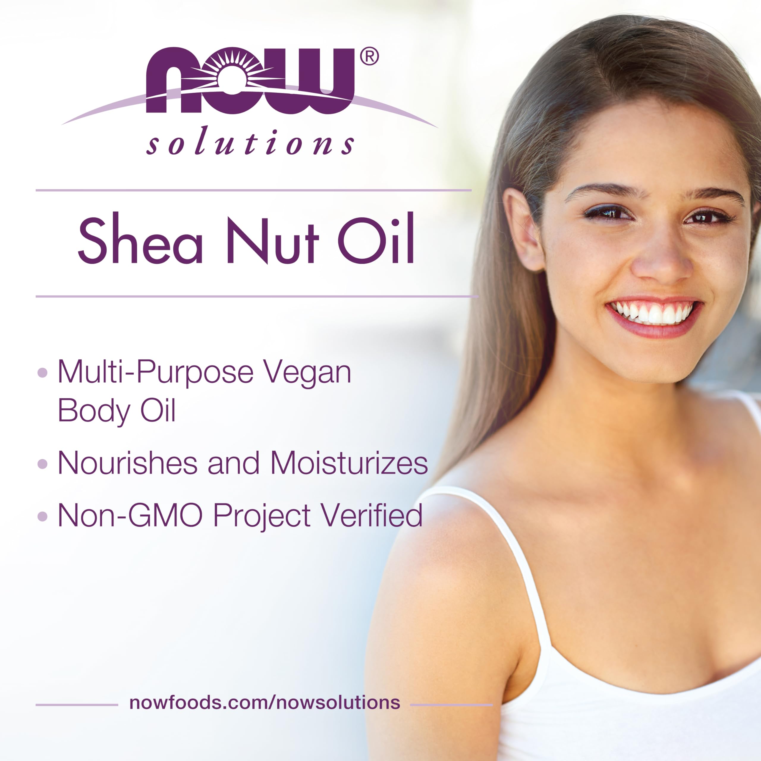 NOW Foods Shea Nut Oil label highlights vegan, non-GMO formulation.