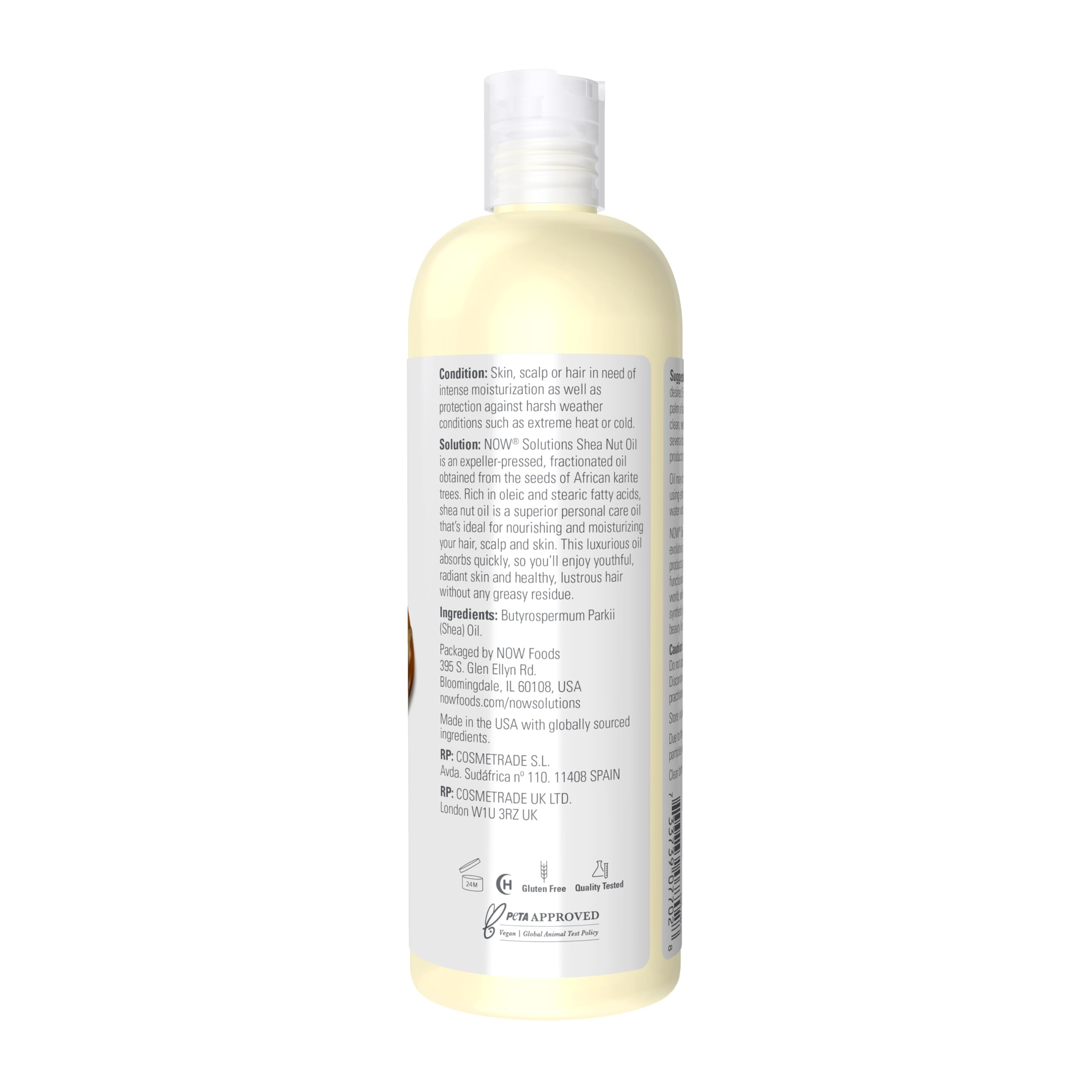 NOW Foods Shea Nut Oil pour bottle demonstrates quick absorption for non-greasy moisturization.