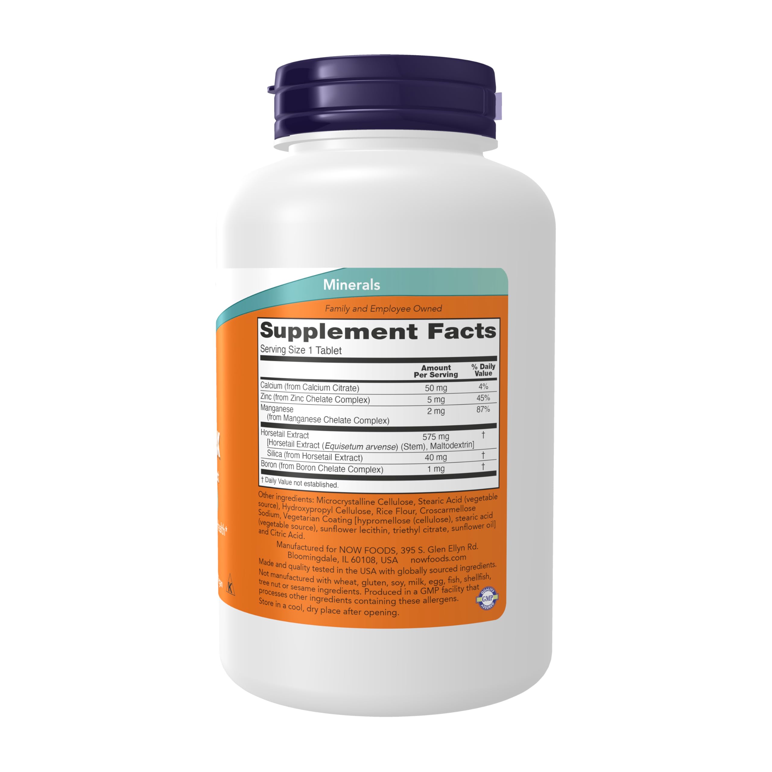 Close-up of NOW Foods Silica Complex tablets highlighting vegan formula for joint and skin support