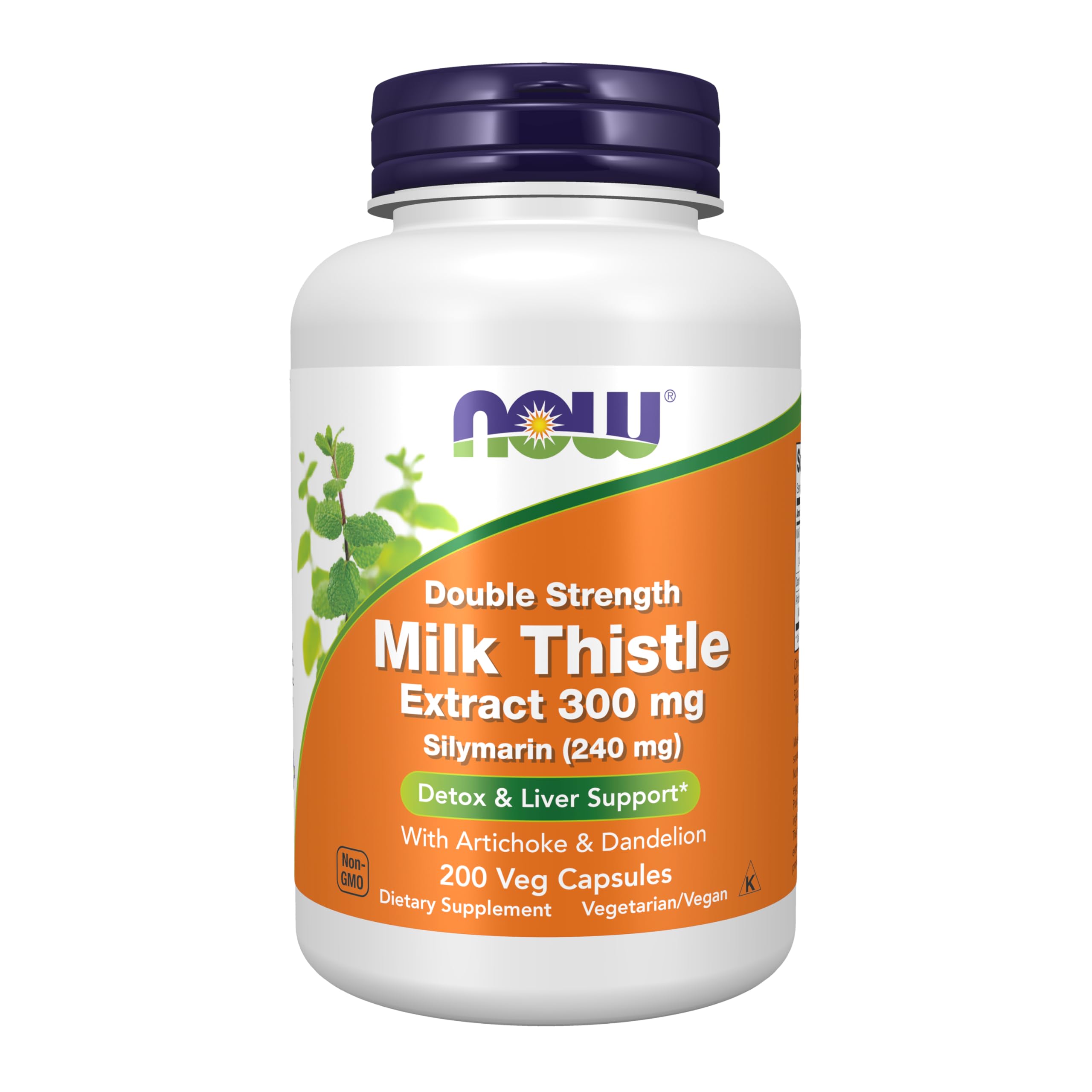 NOW Foods Silymarin milk thistle 300 mg bottle highlights double-strength formula for daily liver support.