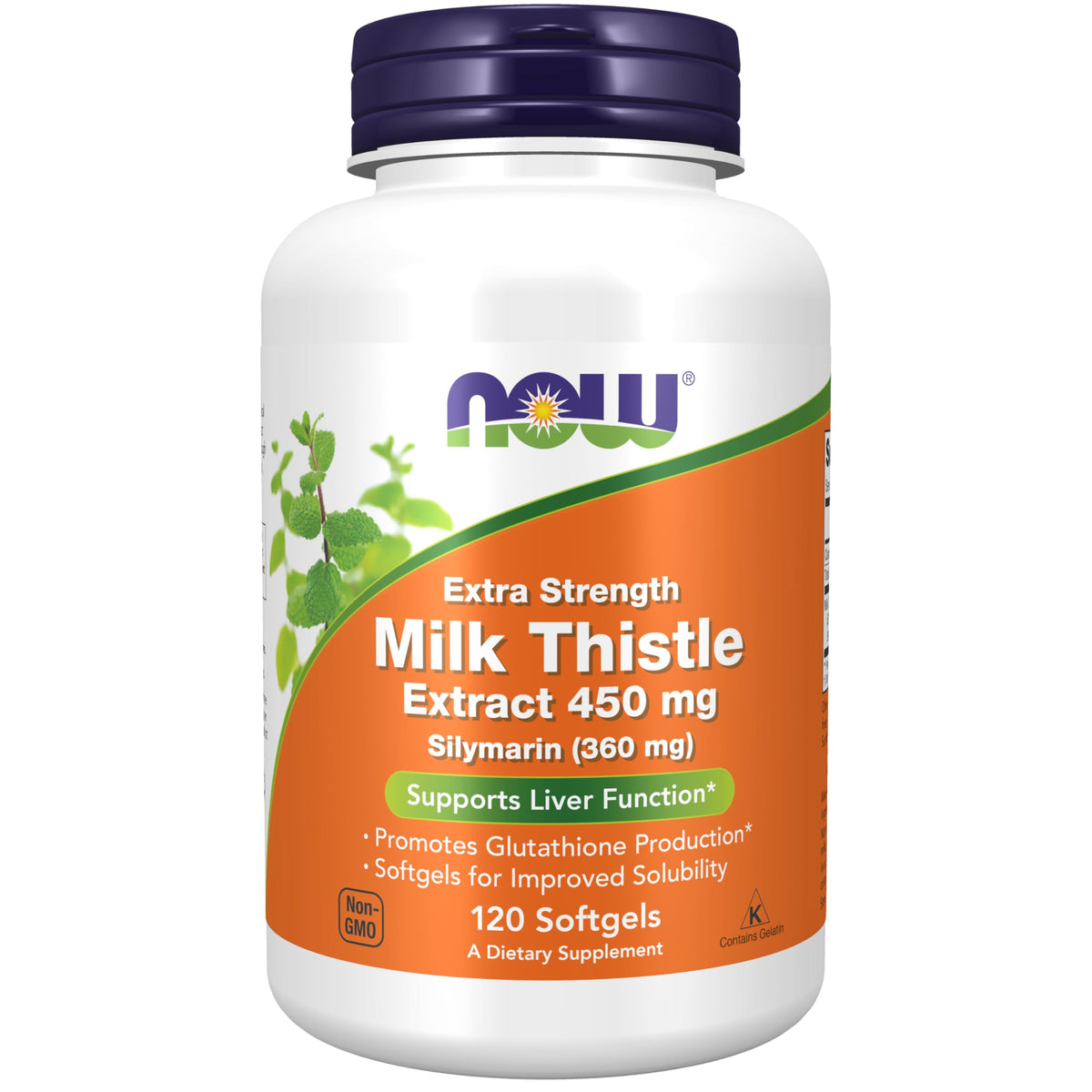 NOW Foods Silymarin milk thistle softgel 450 mg label close-up highlighting potency.