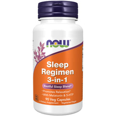NOW Foods Sleep Regimen 3-In-1 bottle promotes calm relaxation for a restful night.
