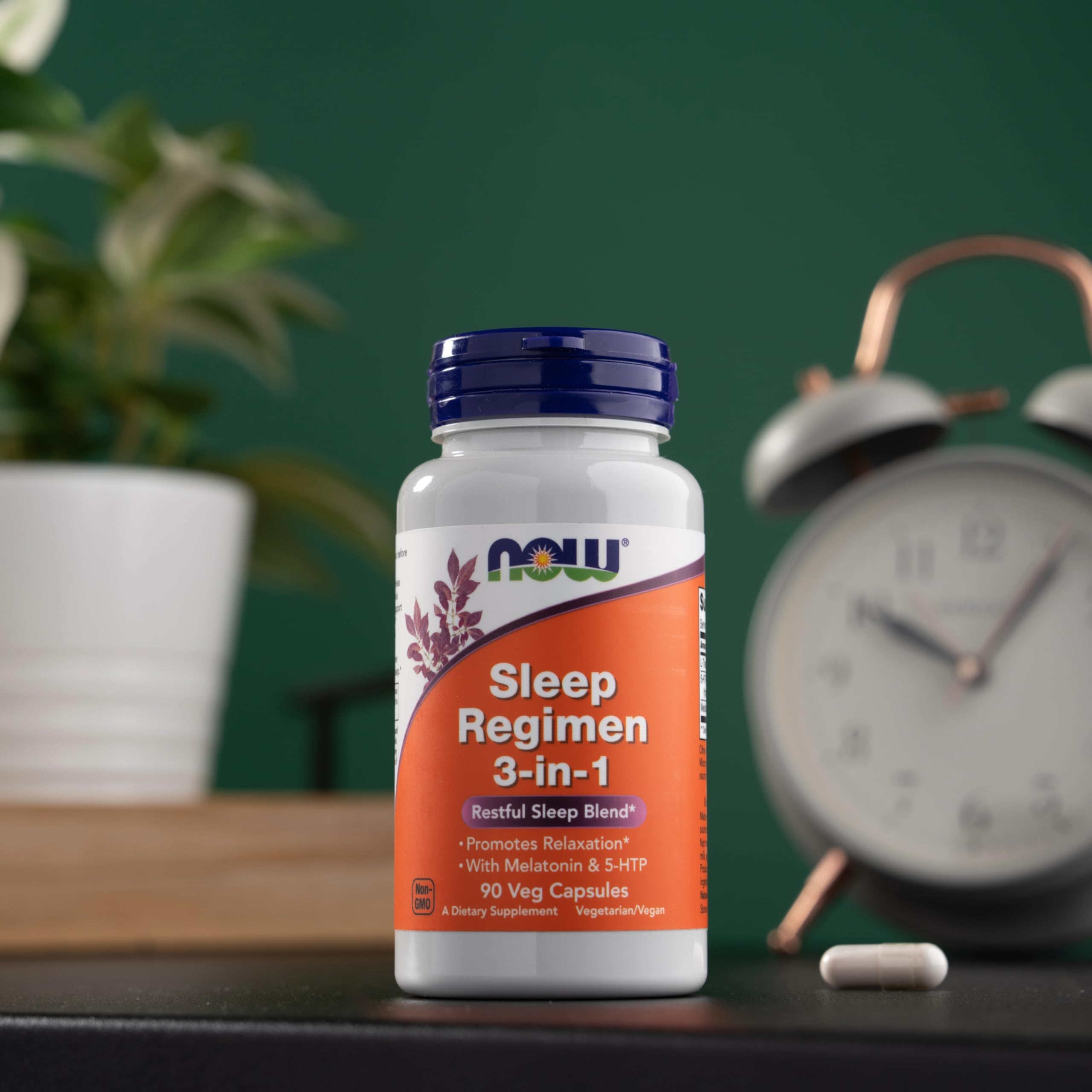 NOW Foods Sleep Regimen 3-In-1 capsules with 5-HTP and L-Theanine promote calm.