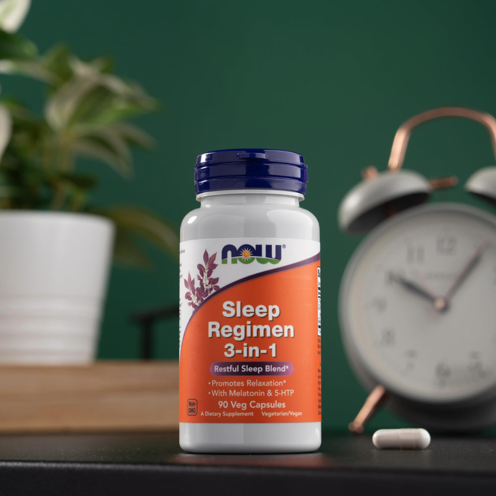 NOW Foods Sleep Regimen 3-In-1 capsules with 5-HTP and L-Theanine promote calm.