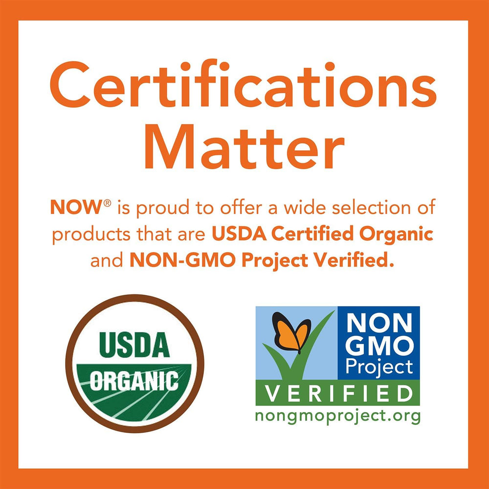 NOW Foods Spirulina certifications graphic emphasizing organic and vegan credentials.