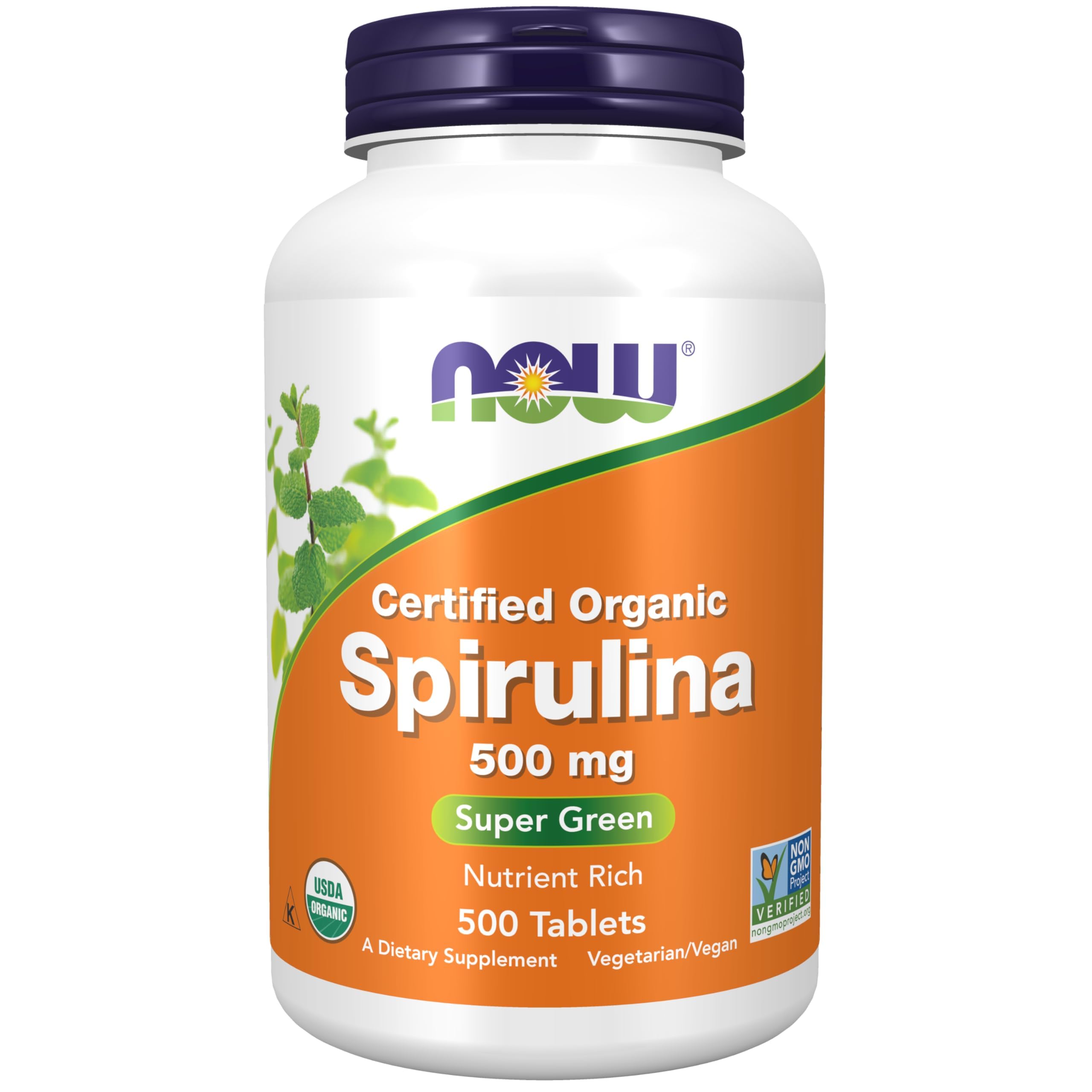 NOW Foods Spirulina bottle front view showing rich greens for daily nourishment.