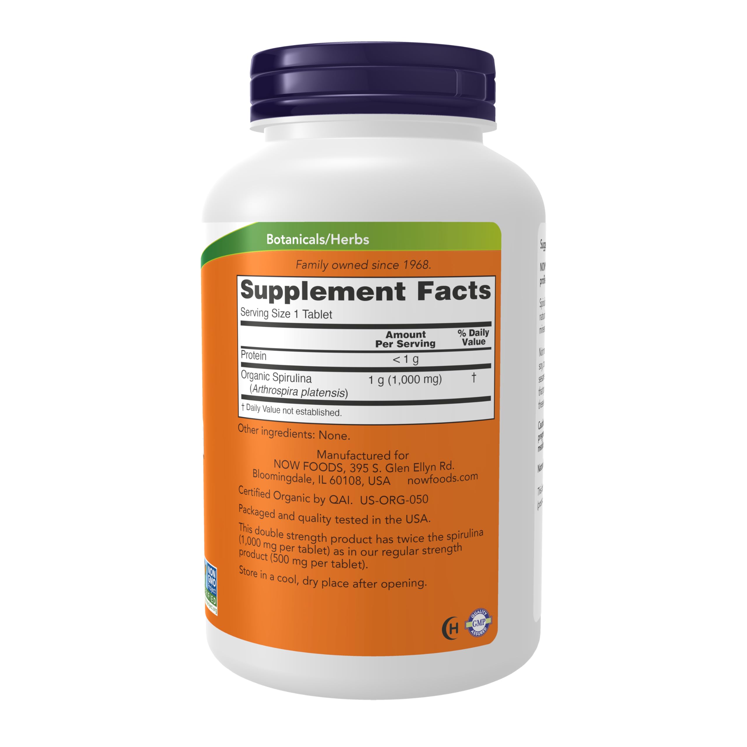 NOW Foods spirulina tablets stacked to show high-strength daily supplement