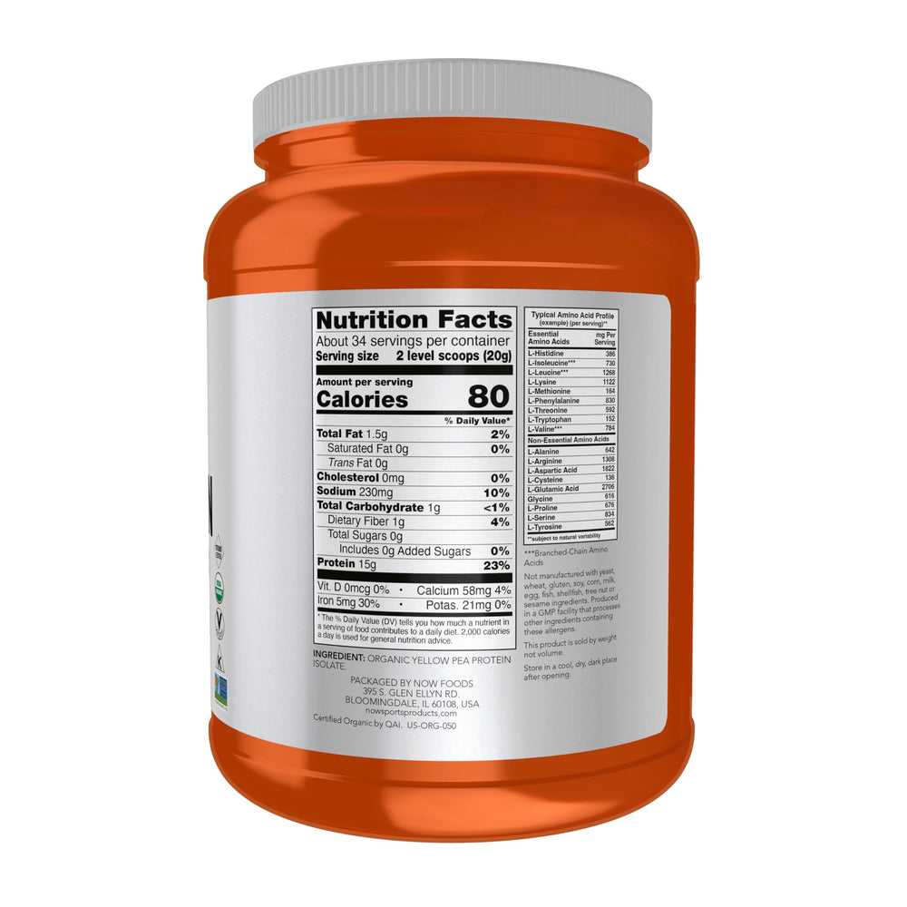 NOW Foods pea protein scoop showing convenient serving for post-workout fueling
