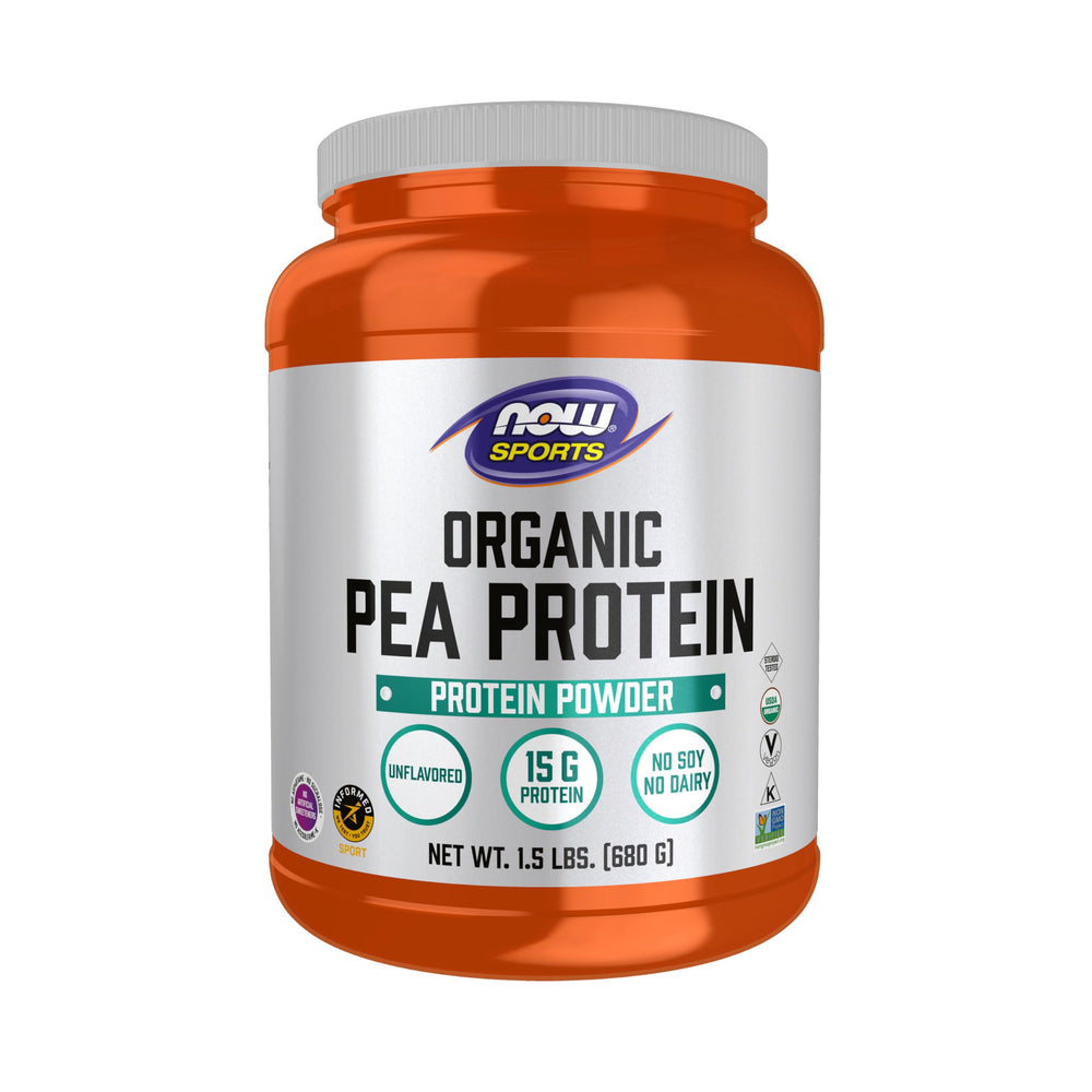 NOW Foods Organic Pea Protein bottle with unflavored powder for versatile daily use