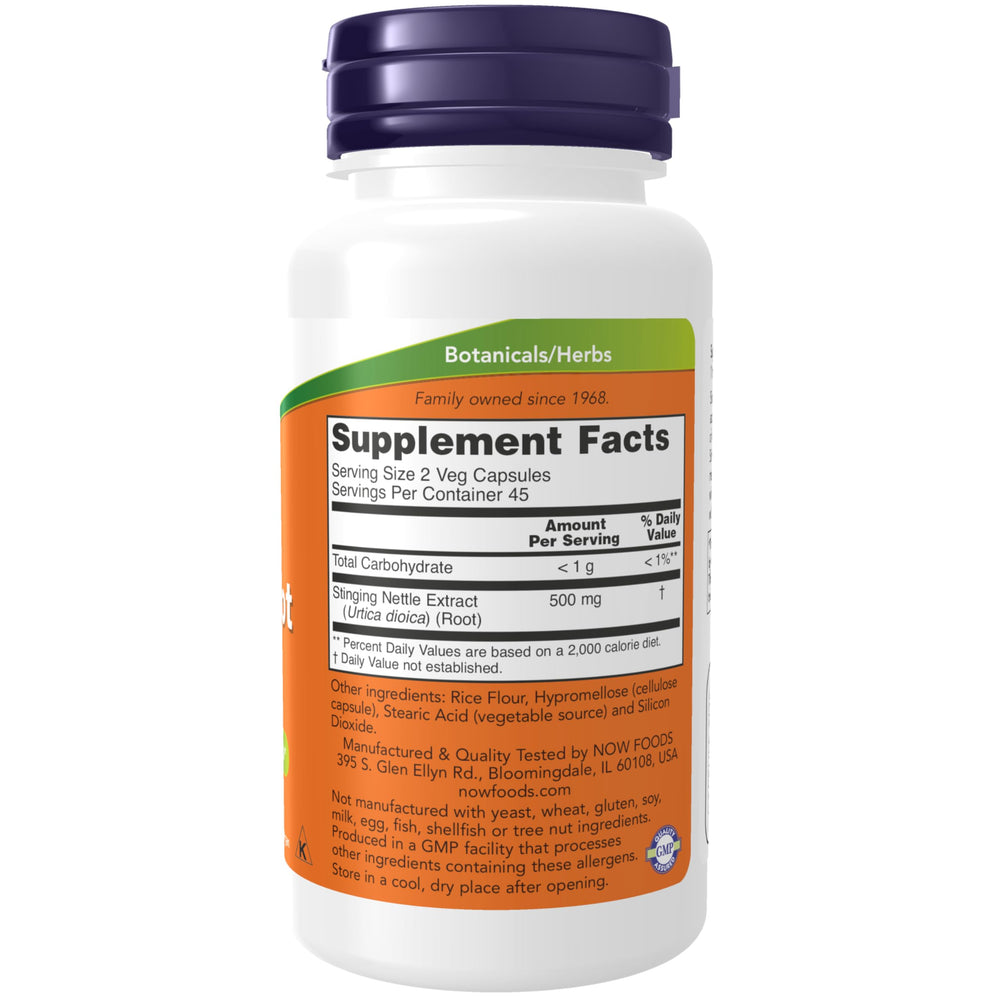 NOW Foods Stinging Nettle Root capsules closeup for easy daily use.
