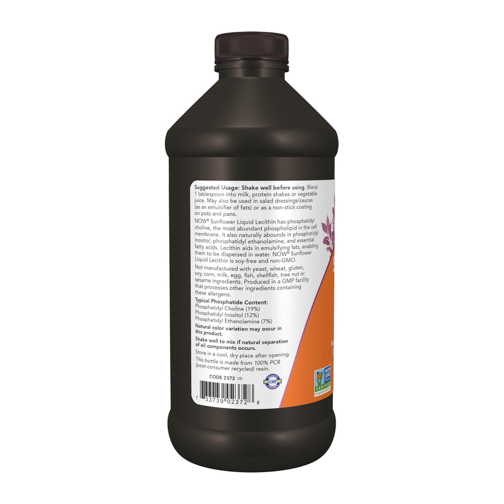 NOW Foods sunflower lecithin liquid measuring cup shows precise dosing.