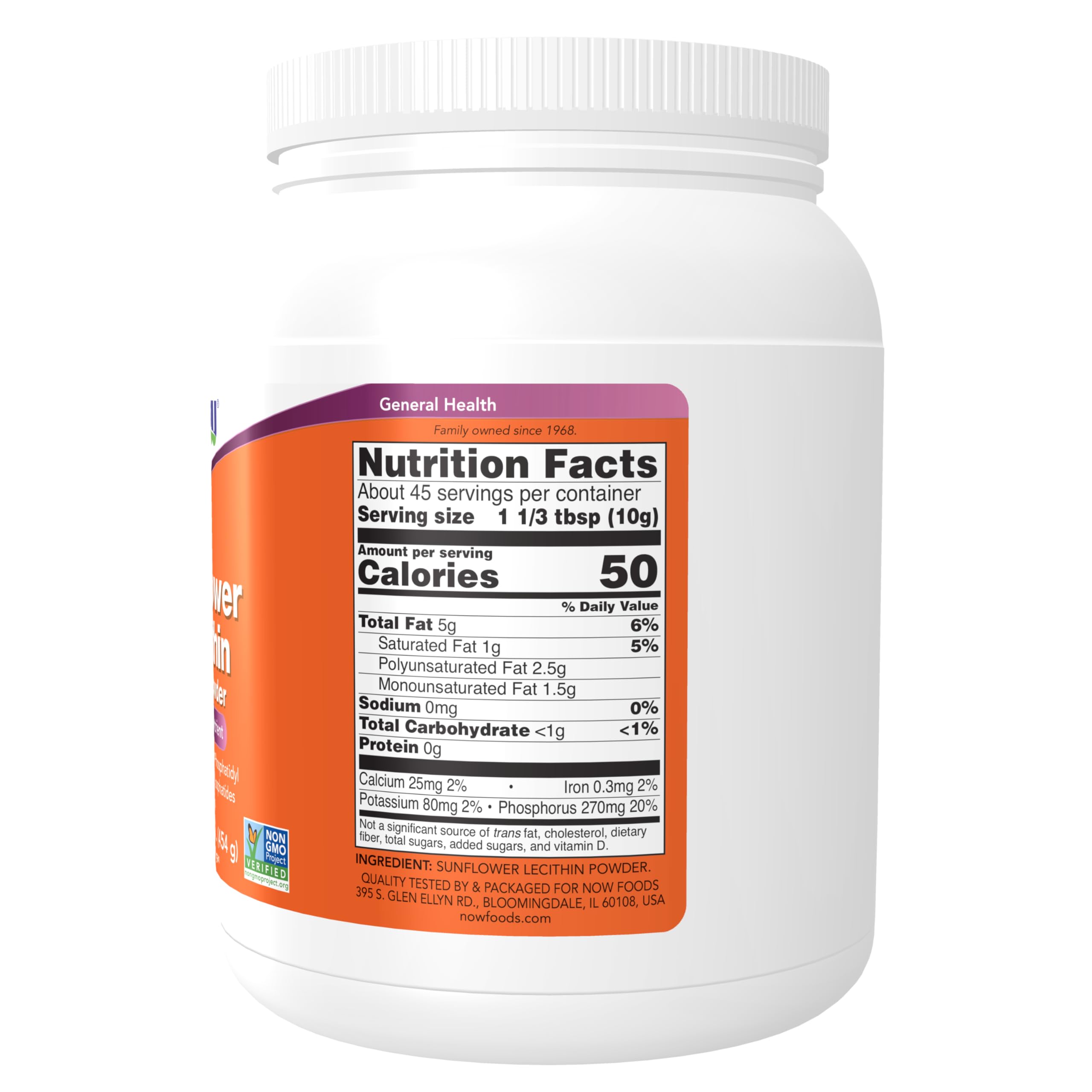 NOW Foods Sunflower Lecithin Powder bottle showing soy-free, non-GMO formulation for emulsions