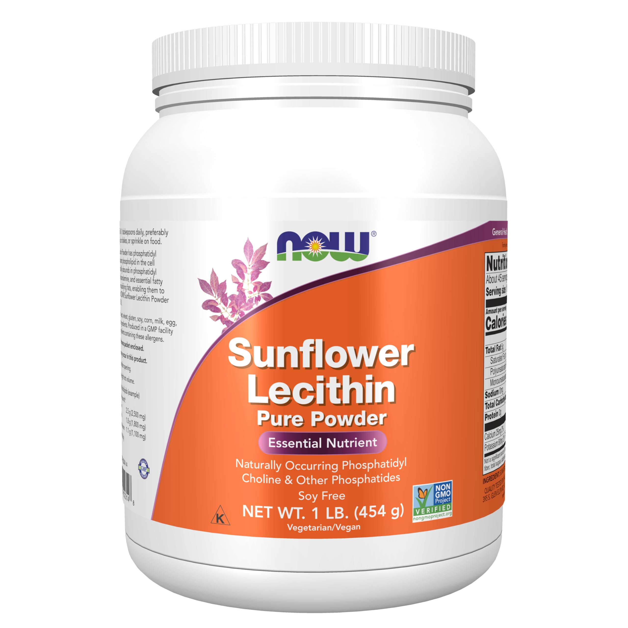 NOW Foods Sunflower Lecithin Powder label highlighting phosphatidylcholine content for emulsification