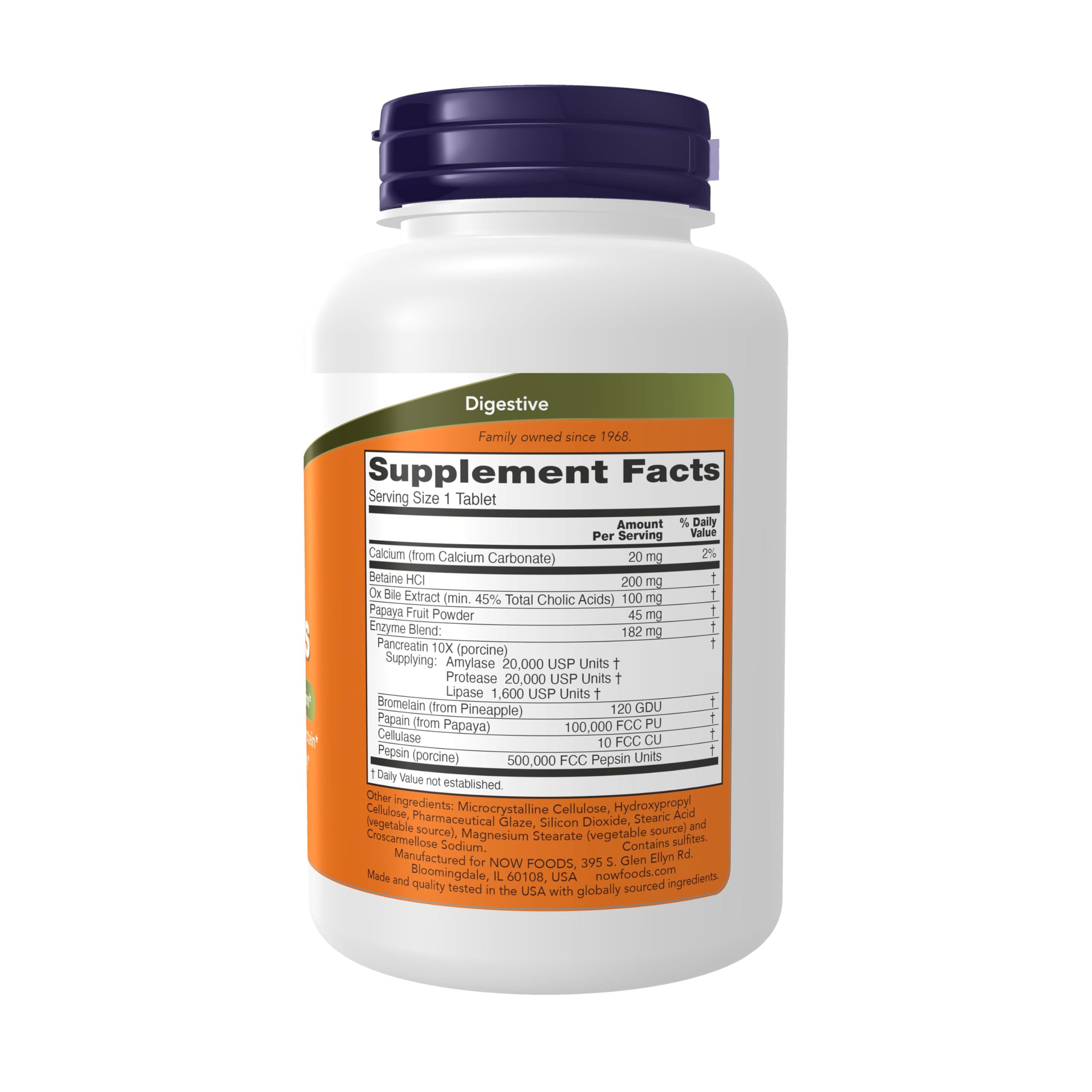 NOW Foods Super Enzymes bottle label closeup highlighting bromelain and papain for meal breakdown