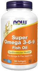 NOW Foods Super Omega 3-6-9 bottle label close-up showing blended oils for heart and skin support.