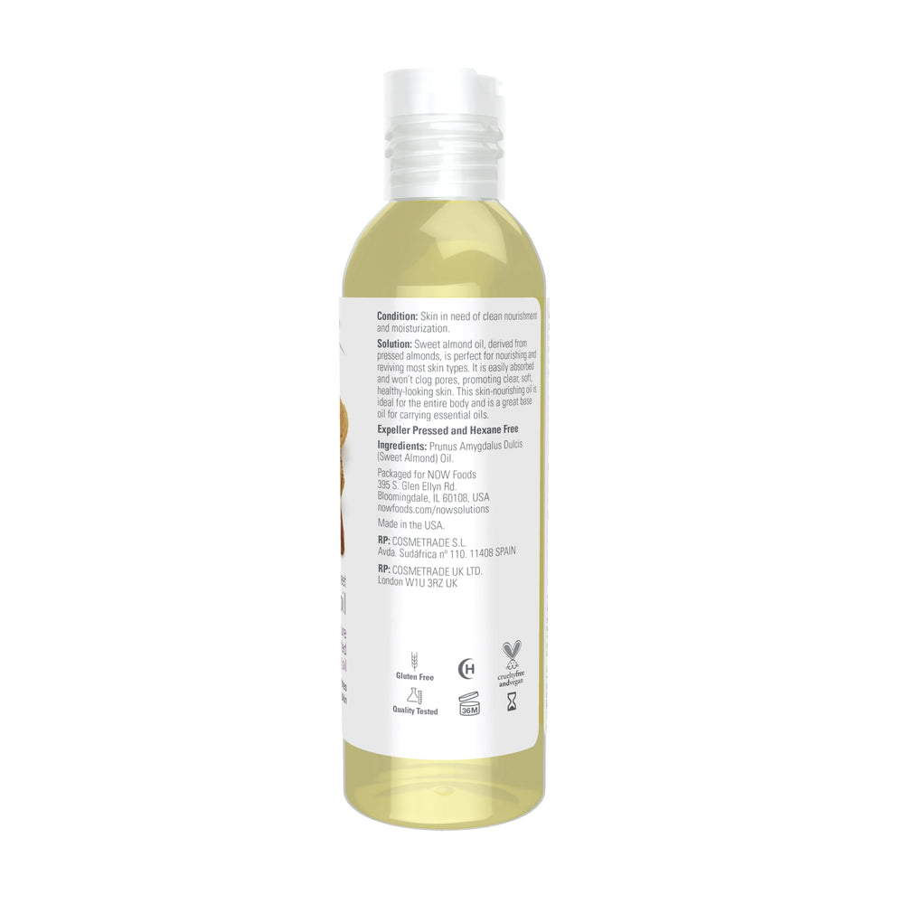 NOW Foods almond oil being applied to skin for gentle hydration.