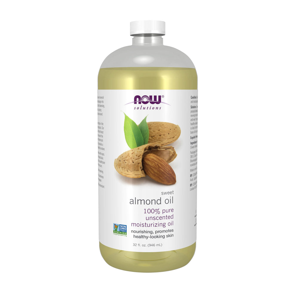 NOW Foods Sweet Almond Oil bottle showing a versatile fragrance-free skin moisturizer