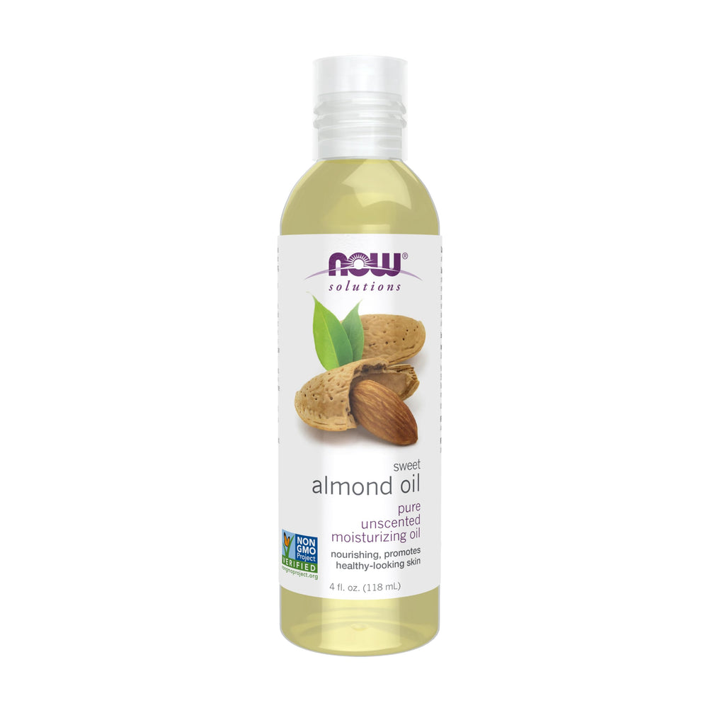 NOW Foods Sweet Almond Oil bottle, unscented and easily absorbed for all skin types.