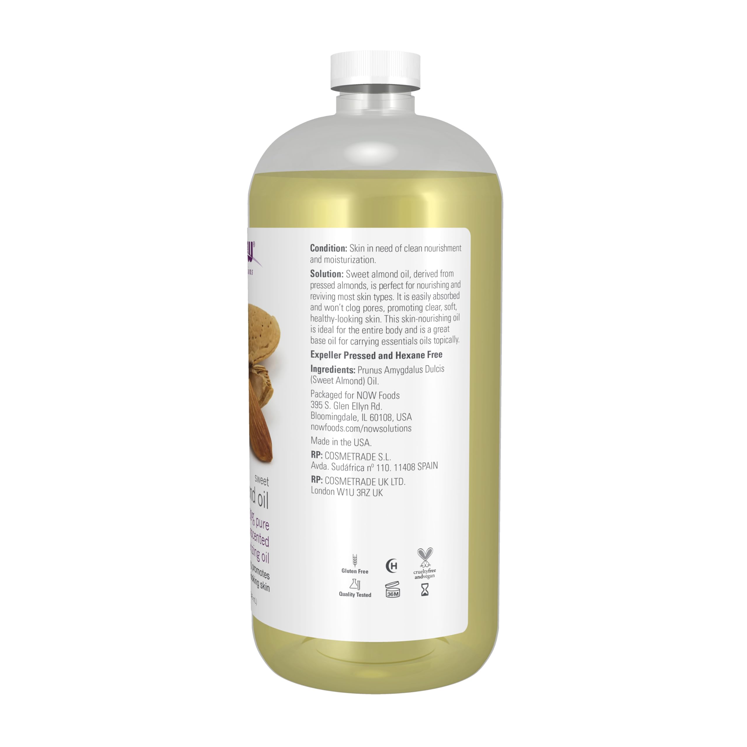 NOW Foods Sweet Almond Oil pour demonstrating easy absorption for smooth skin