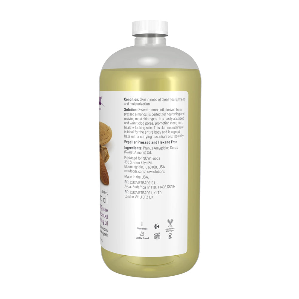 NOW Foods Sweet Almond Oil pour demonstrating easy absorption for smooth skin