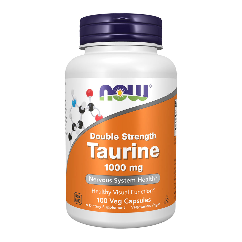 NOW Foods Taurine 1000 mg bottle showing double strength nervous system support.