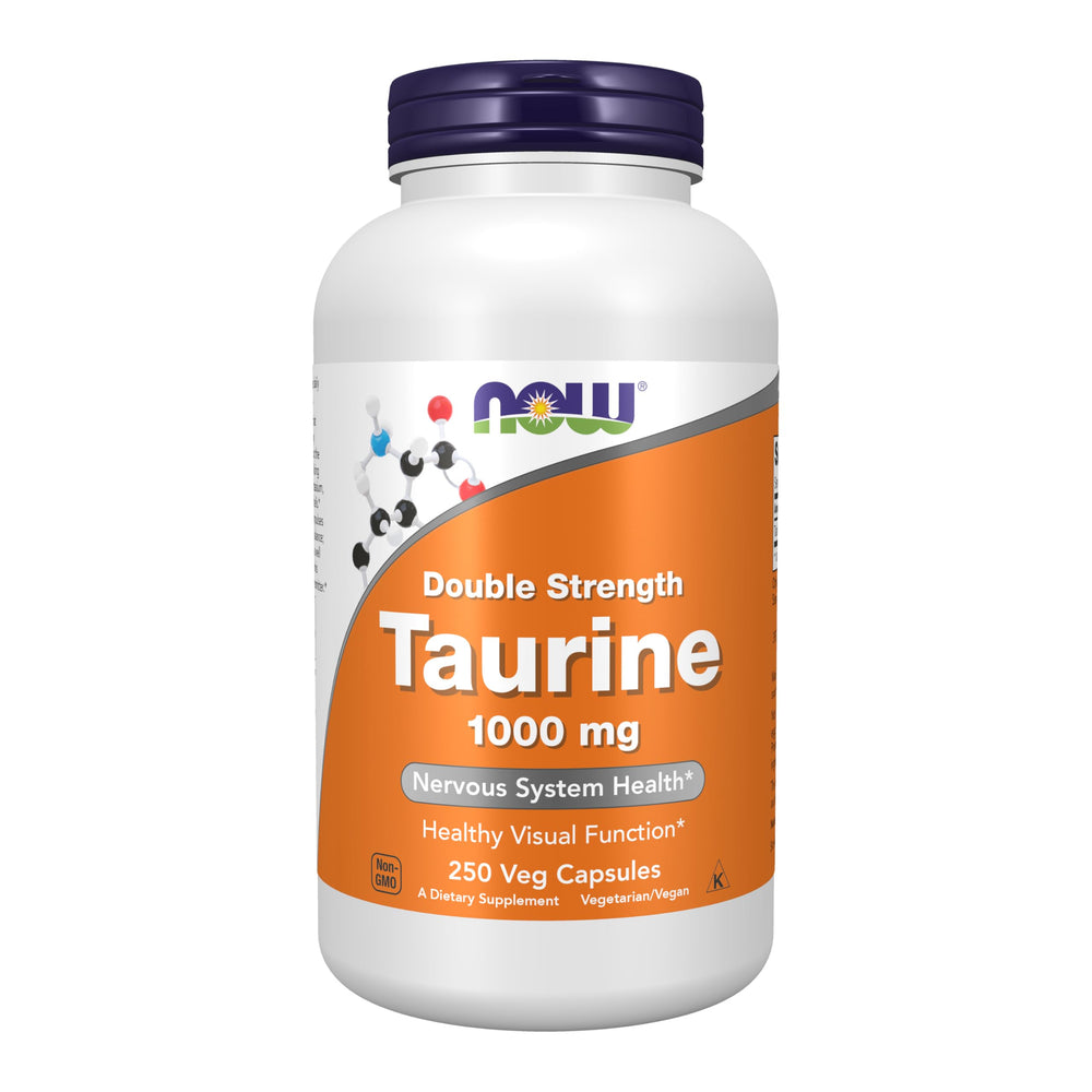 NOW Foods Taurine 1000mg bottle highlighting potency for nervous system support.
