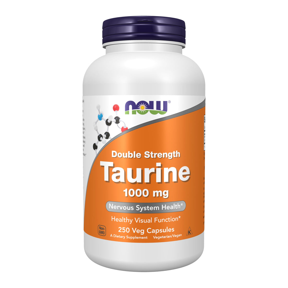 NOW Foods Taurine 1000mg bottle highlighting potency for nervous system support.