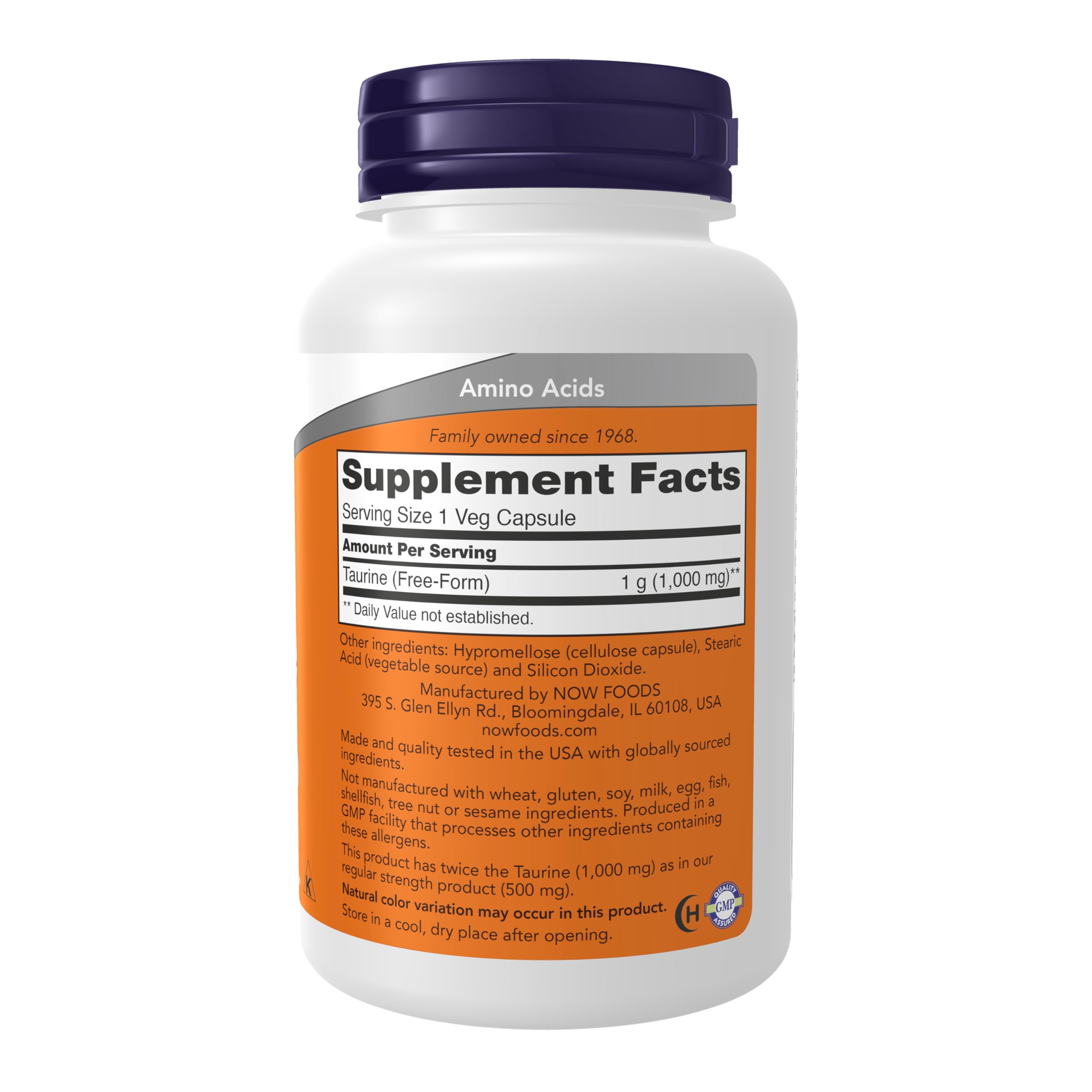 NOW Foods Taurine 1000 mg capsules inside bottle for easy daily supplementation.